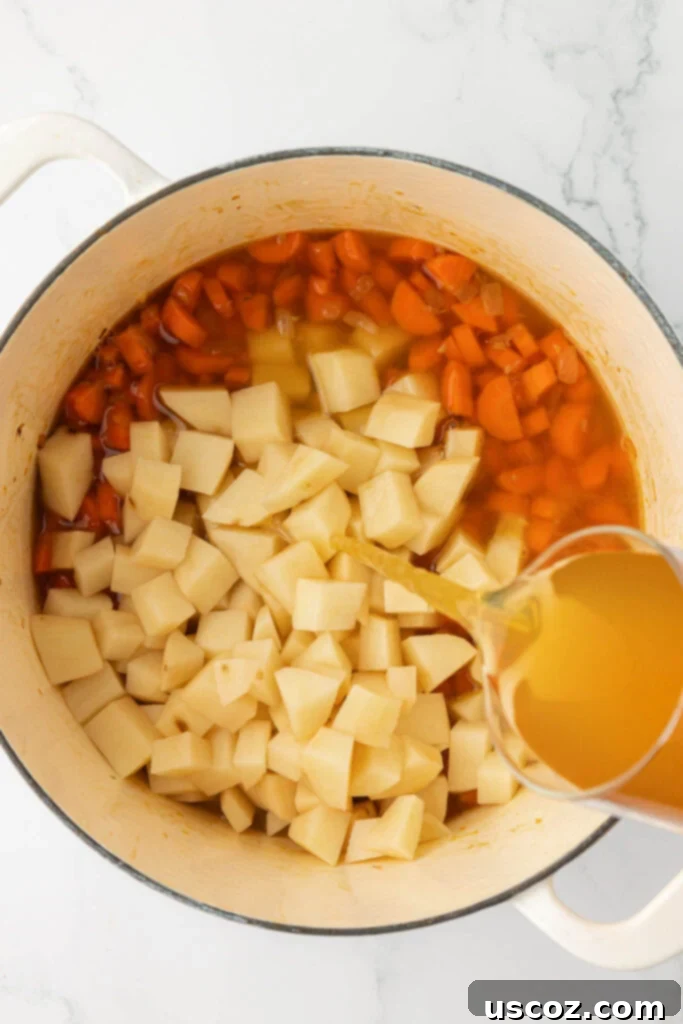Velvet Veggie Delight 10 Vegetable broth being poured over the potatoes and carrots in a Dutch oven, initiating the simmering process for the creamy vegetable soup.