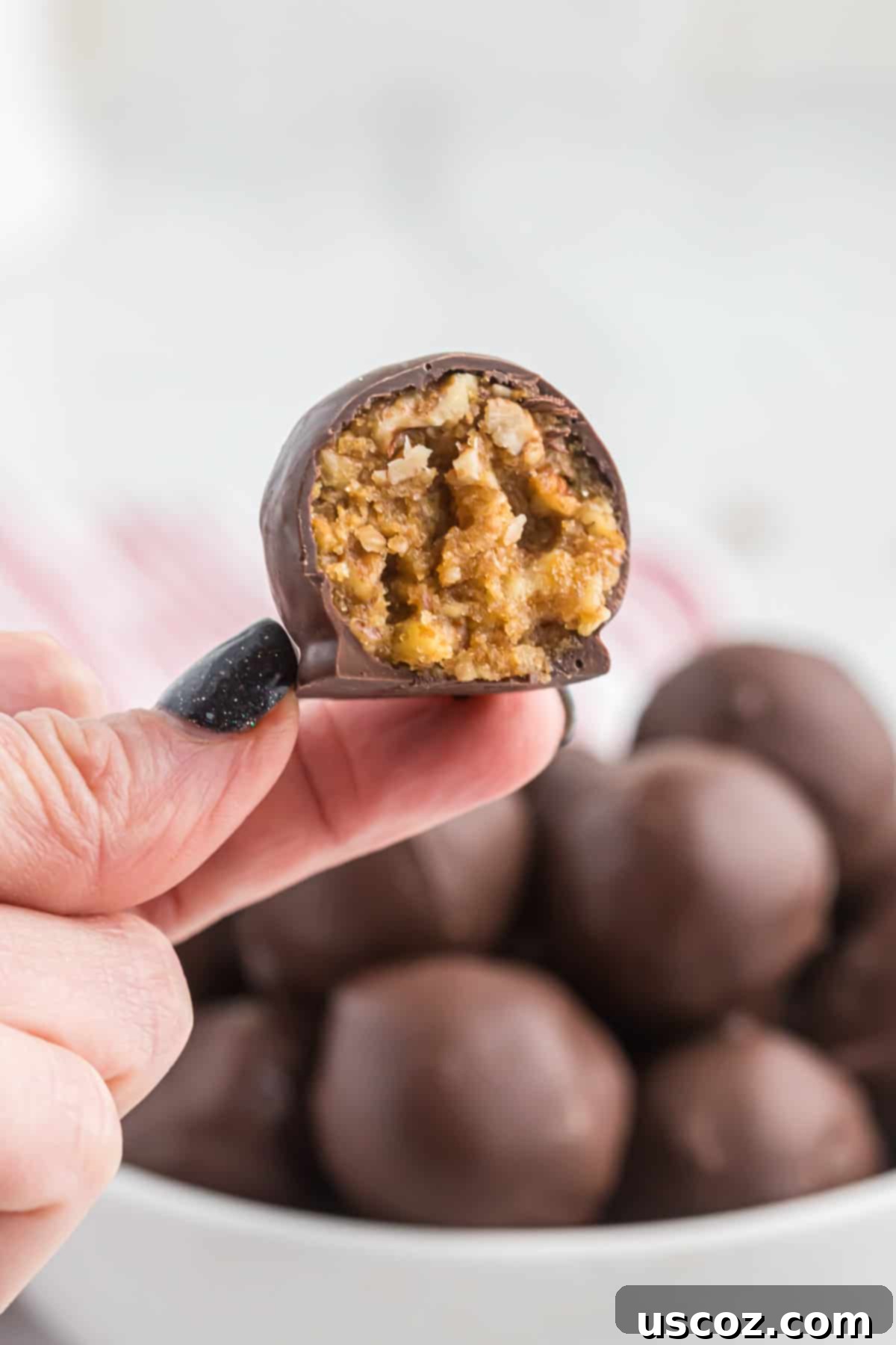 Pecan Pie Truffles 11 a hand holding a pecan ball with a bite taken out, showing the rich interior