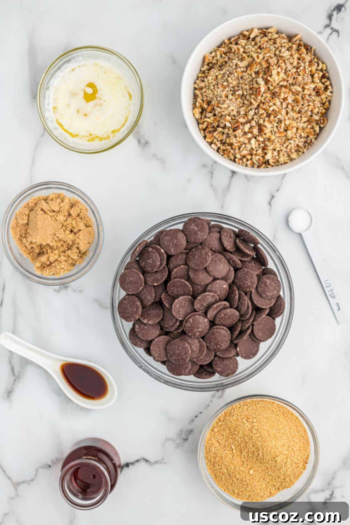Pecan Pie Truffles 4 various ingredients needed to make pecan pie balls laid out on a surface