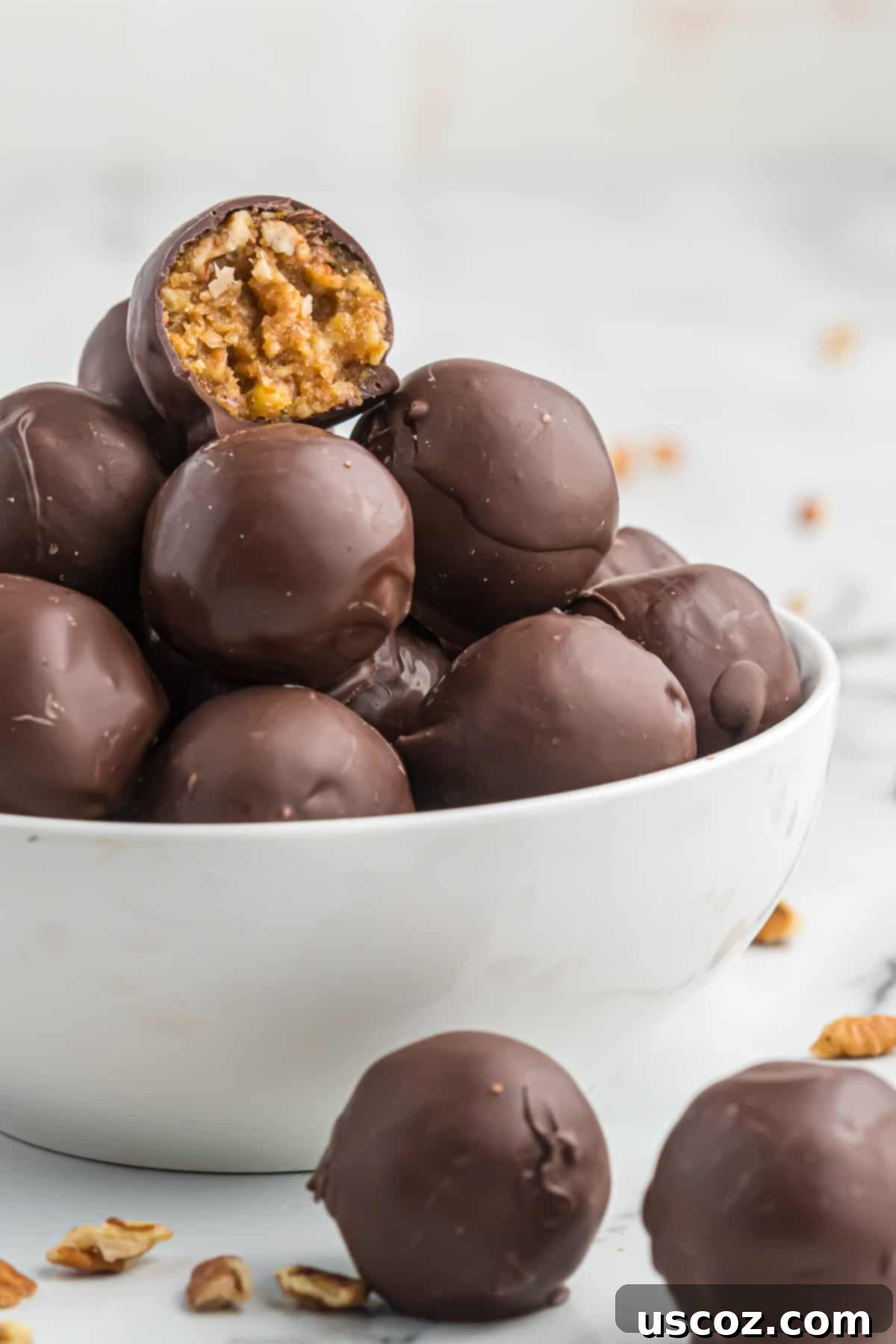 Pecan Pie Truffles 10 many pecan pie balls artfully arranged in a decorative bowl