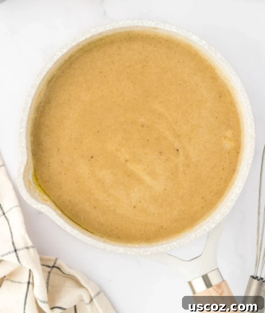 Perfect Vegetarian Gravy 19 Finished vegetarian gravy, perfectly thickened and seasoned, ready to be served from the saucepan.