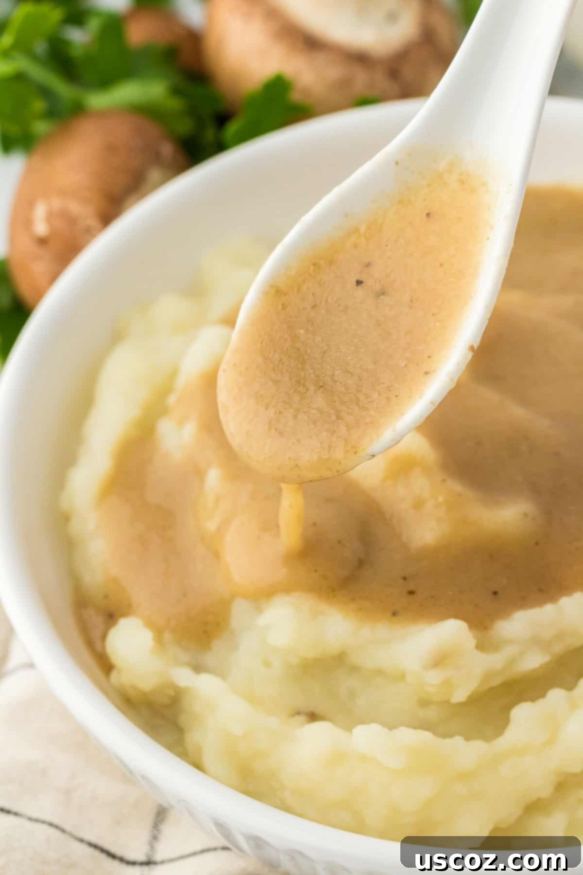 Perfect Vegetarian Gravy 21 A full bowl of fluffy mashed potatoes with a generous amount of rich vegetarian gravy spooned over them, ready to be enjoyed.