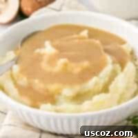 Perfect Vegetarian Gravy 25 A bowl of creamy mashed potatoes generously topped with rich, homemade vegetarian gravy, garnished with fresh herbs.