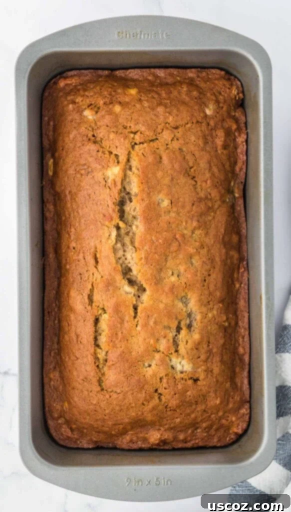 Ultimate Moist Banana Bread 14 A golden-brown classic banana bread loaf baking beautifully in the oven within a loaf pan.