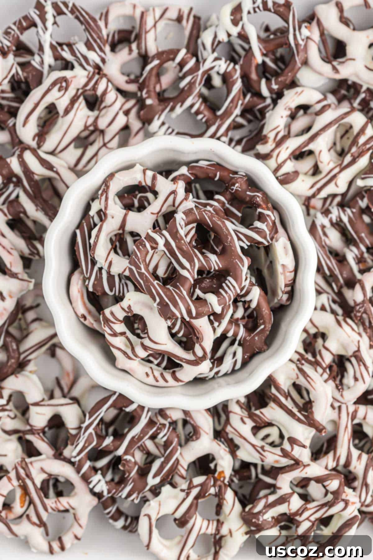 Chocolate Pretzel Perfection 10 An array of delicious chocolate covered pretzels, showcasing various toppings and drizzles, ready for serving.
