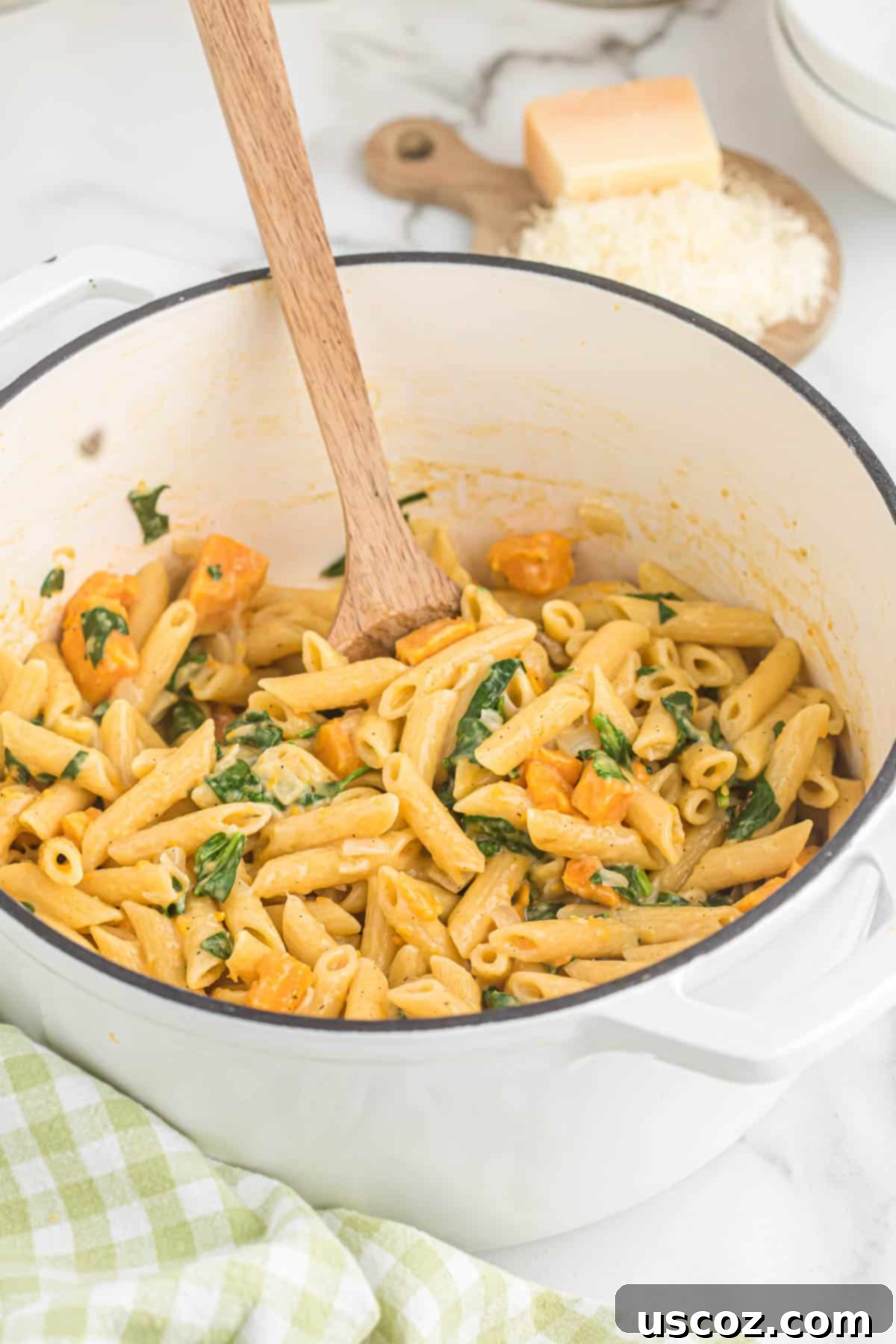 Golden Sweet Potato Strands 2 sweet potato pasta in a dutch oven with creamy sauce