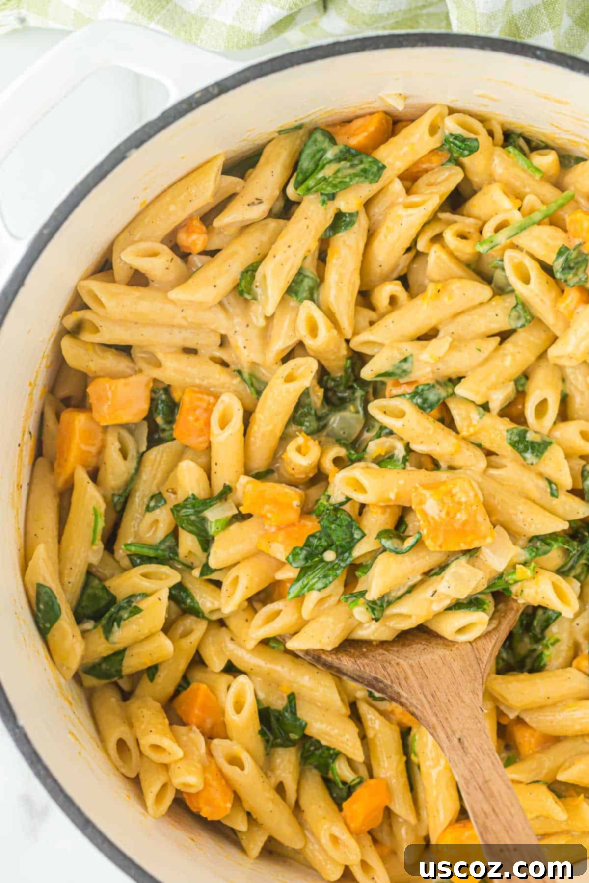 Golden Sweet Potato Strands 12 sweet potato pasta with spinach and parmesan close up