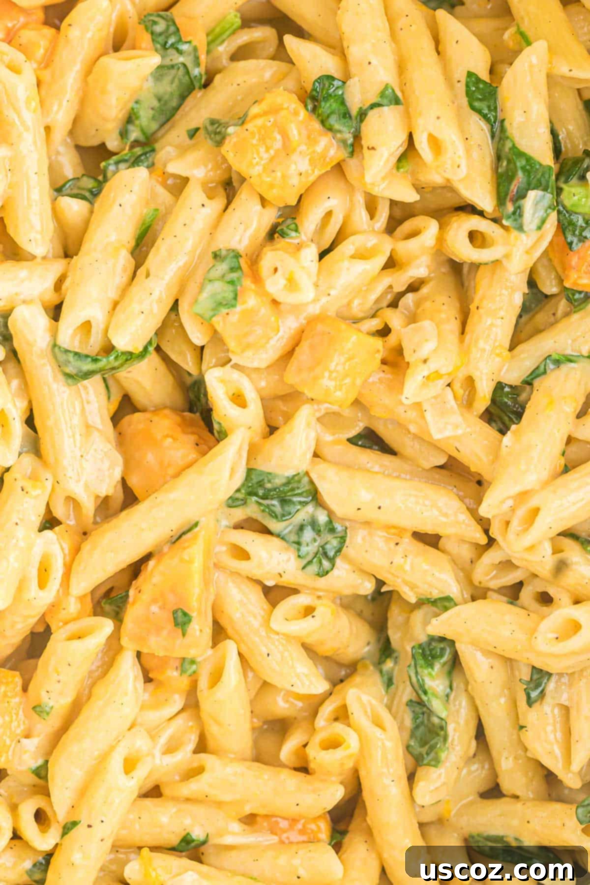 Golden Sweet Potato Strands 14 sweet potato pasta with spinach in a bowl, ready to eat