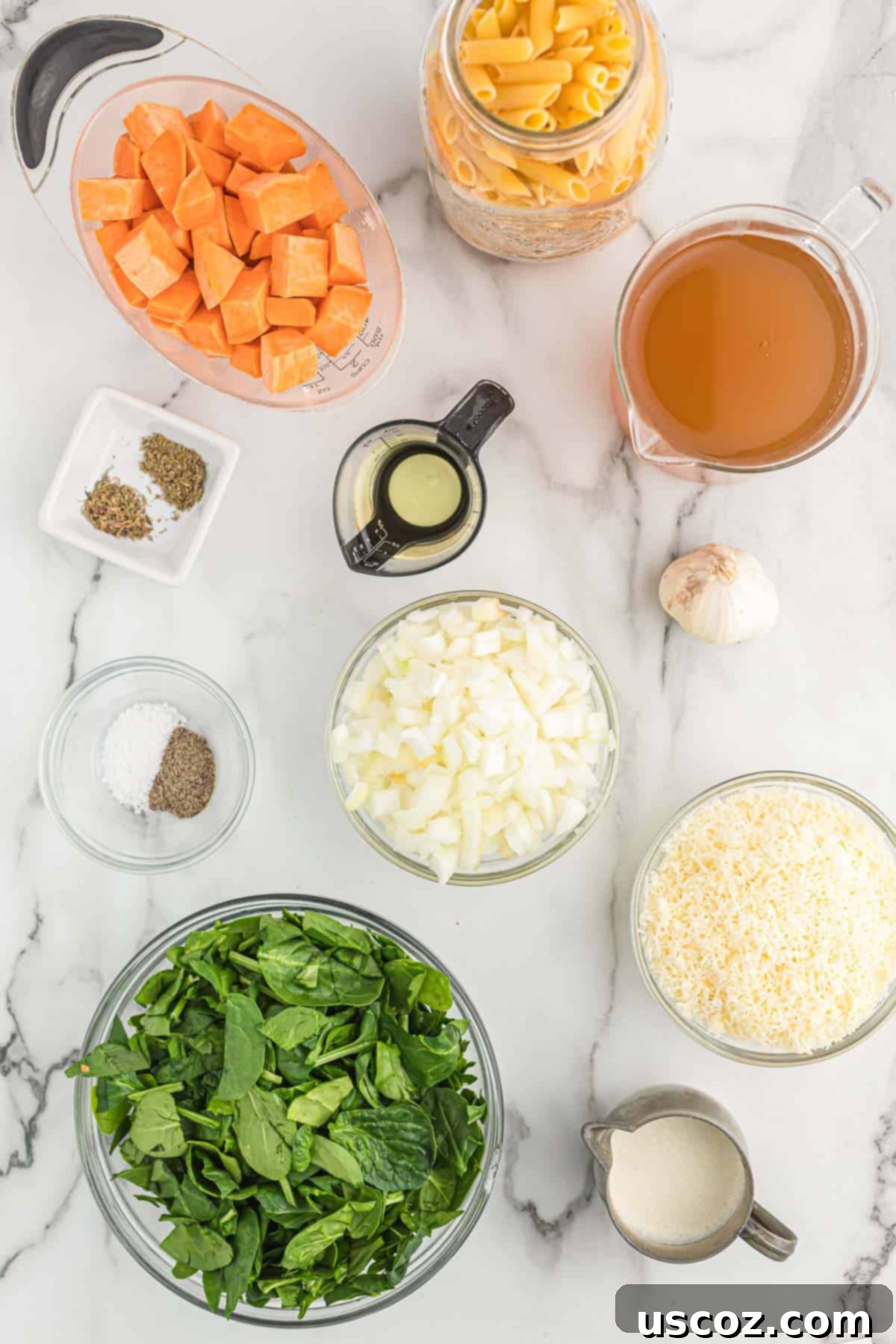 Golden Sweet Potato Strands 3 ingredients needed to make sweet potato pasta including penne, sweet potato, spinach, garlic, onion, and parmesan