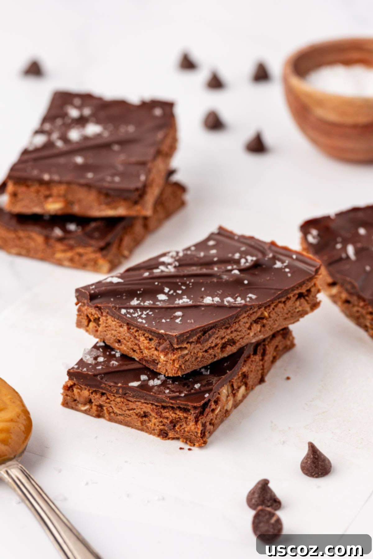 Protein-Packed Chocolate Bars 2 Delicious homemade chocolate protein bars topped with flaky sea salt
