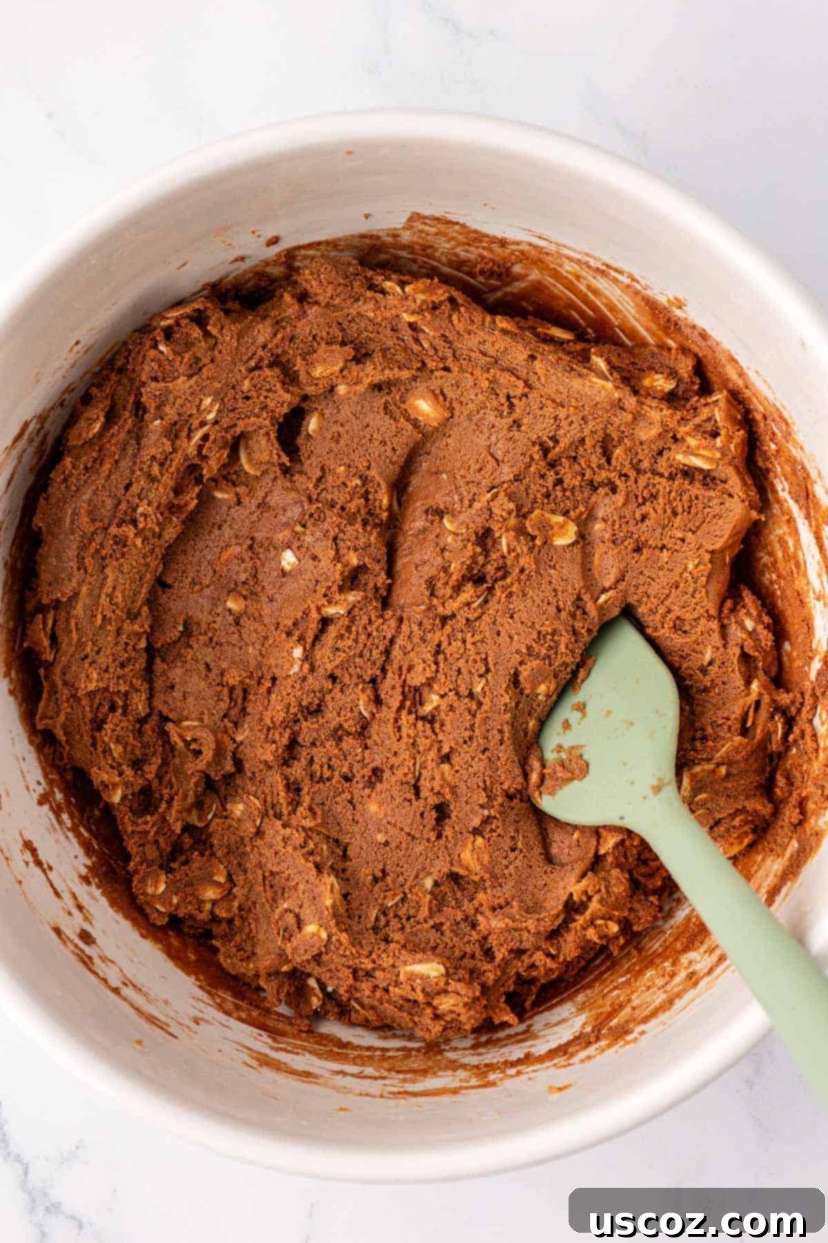 Protein-Packed Chocolate Bars 6 Thick chocolate protein bar batter after mixing in a bowl
