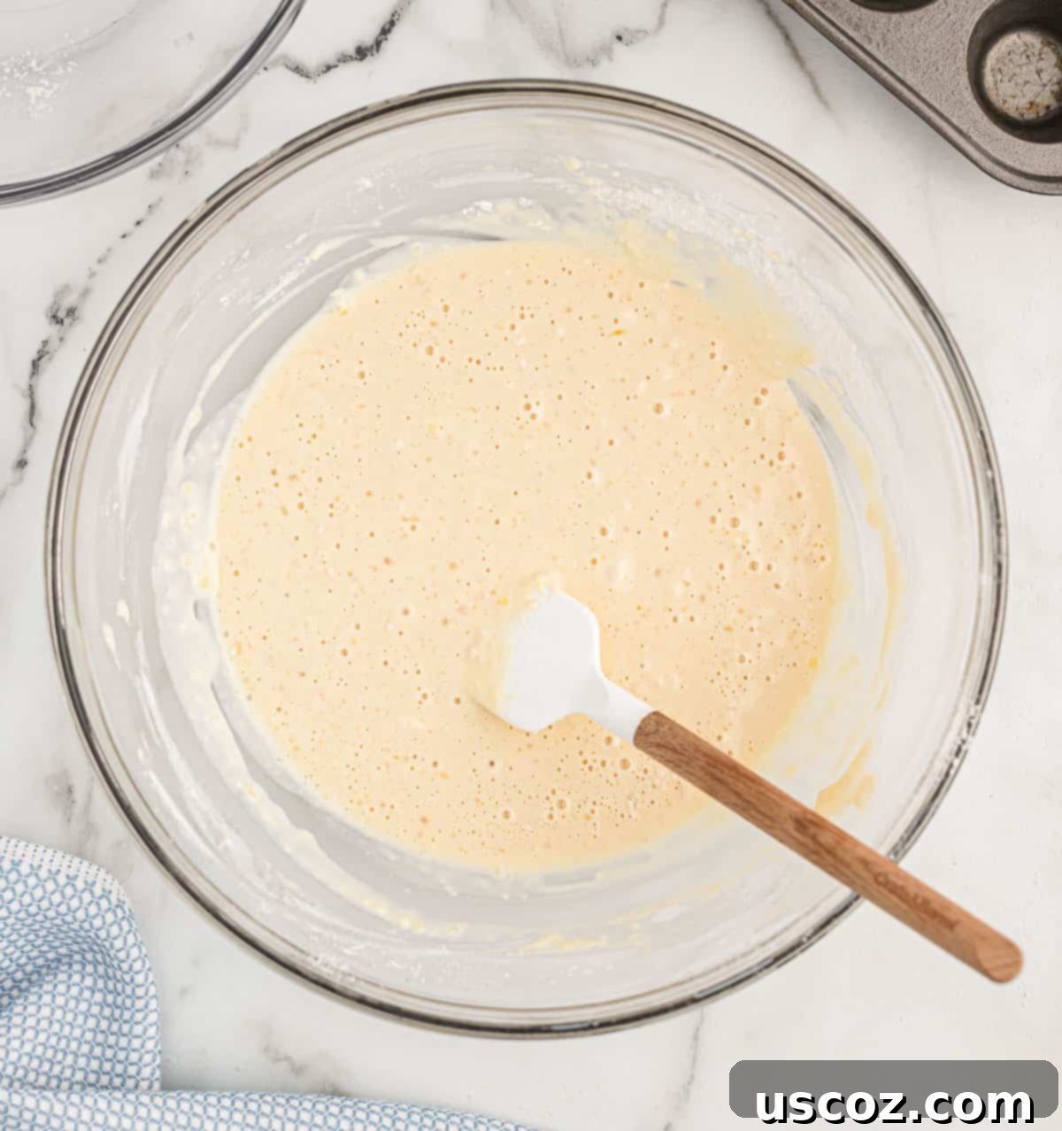 Breakfast Pancake Bites 7 Smooth, light pancake batter in a bowl, ready for the muffin tin.