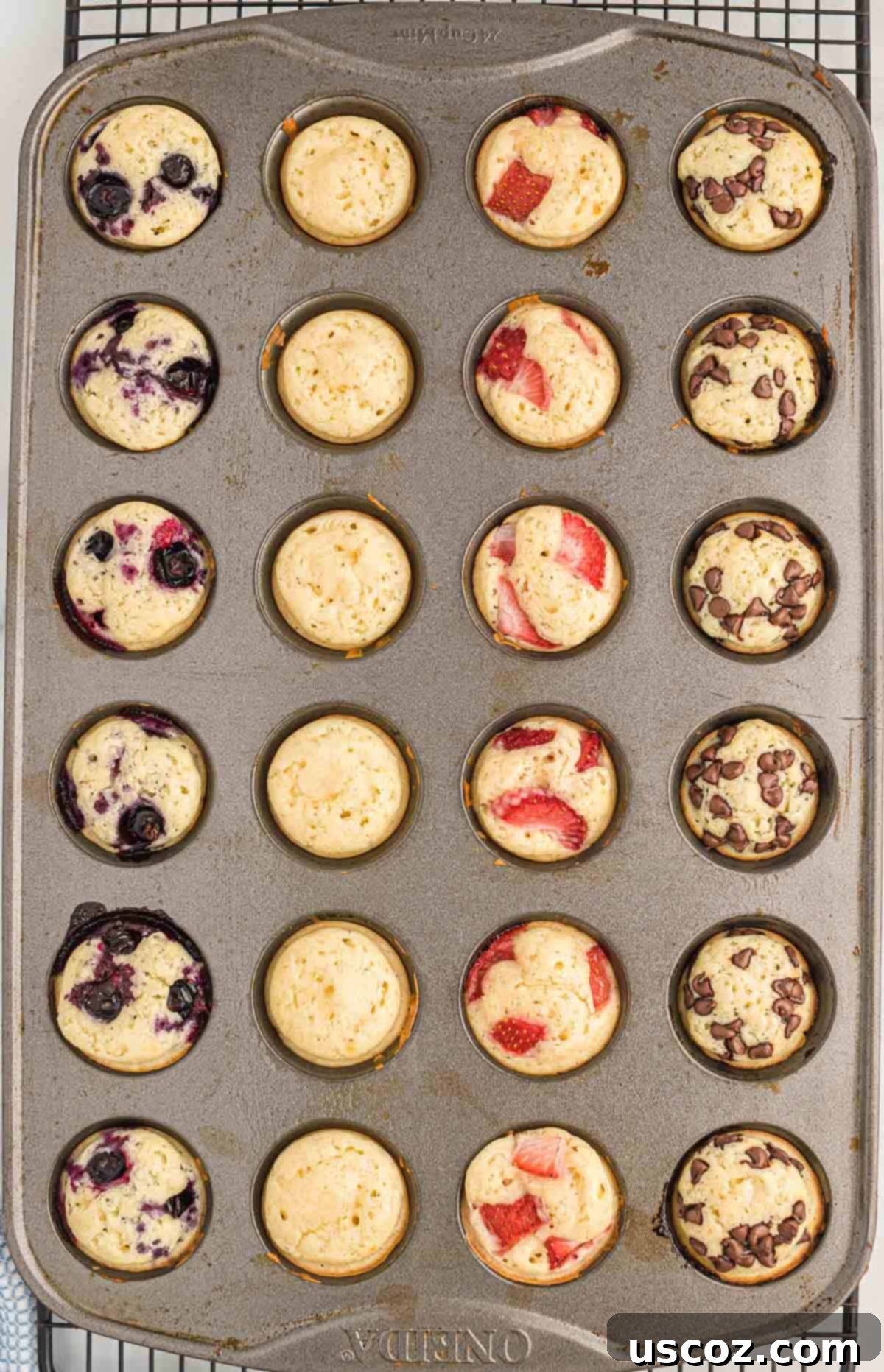 Breakfast Pancake Bites 10 Another view of the mini muffin tin, showcasing the variety of toppings like blueberries, strawberries, and chocolate chips.