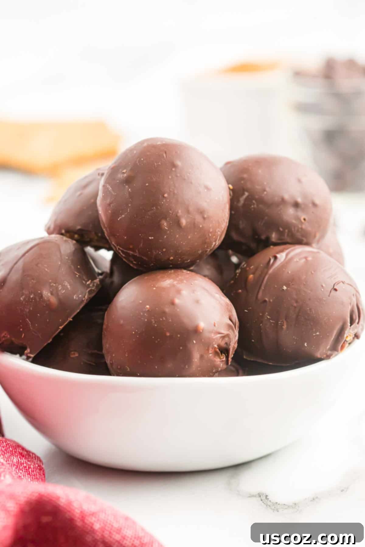 No-Bake Peanut Butter Graham Bites 14 Finished peanut butter balls with graham crackers, perfectly coated in chocolate and ready to enjoy.