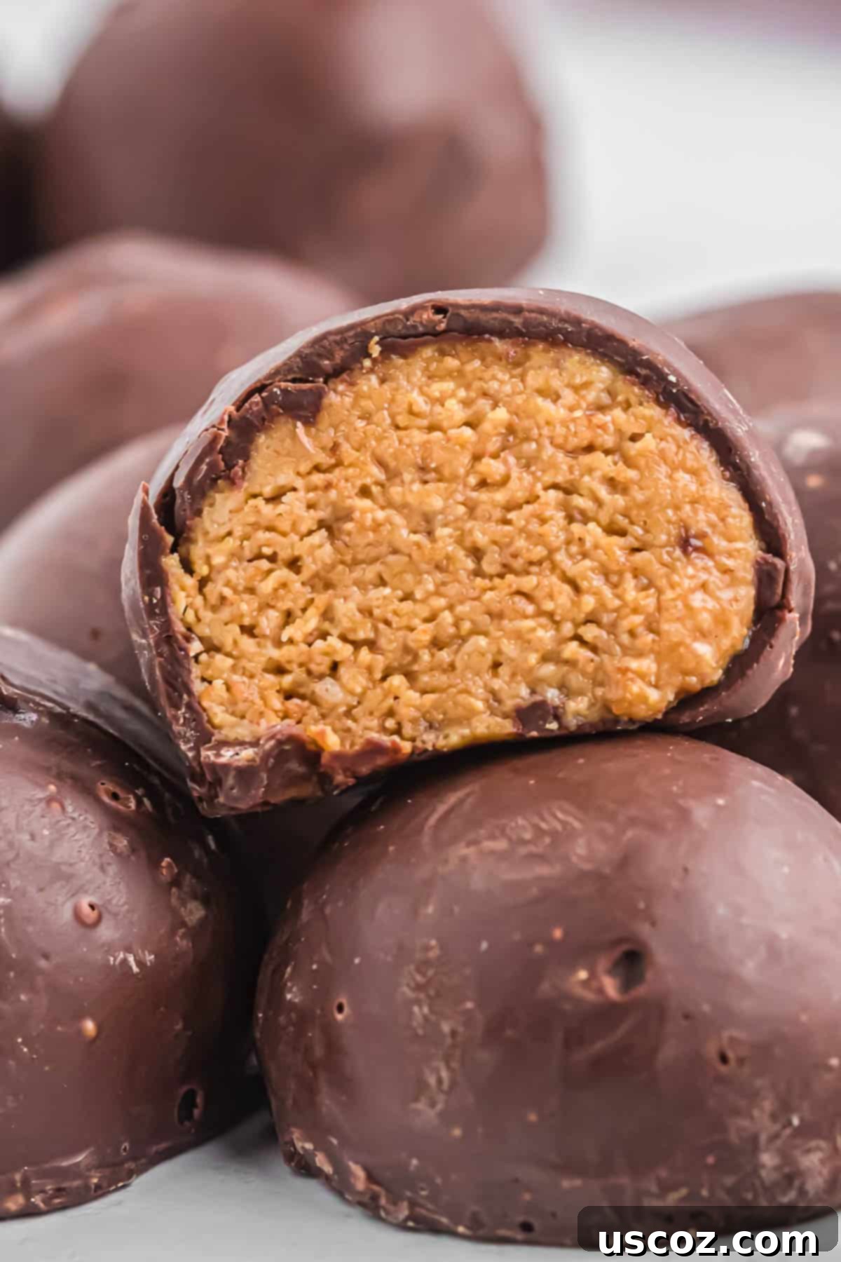 No-Bake Peanut Butter Graham Bites 15 A pile of chocolate-covered peanut butter balls with graham crackers on a white plate, highlighting their visual appeal.