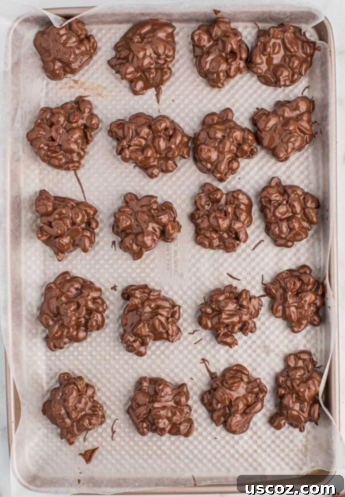 Slow Cooker Chocolate Peanut Clusters 12 crock pot peanut clusters setting on a baking sheet
