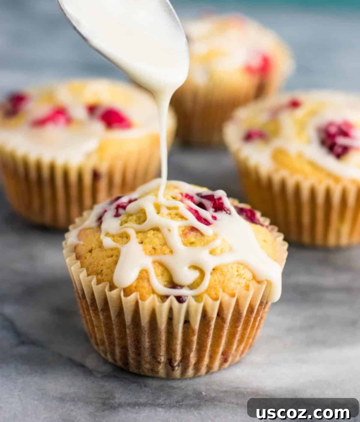 Luscious Cranberry Cream Cheese Muffins 2 Close-up of golden brown cranberry cream cheese muffins with a white glaze, perfect for a Christmas breakfast spread.