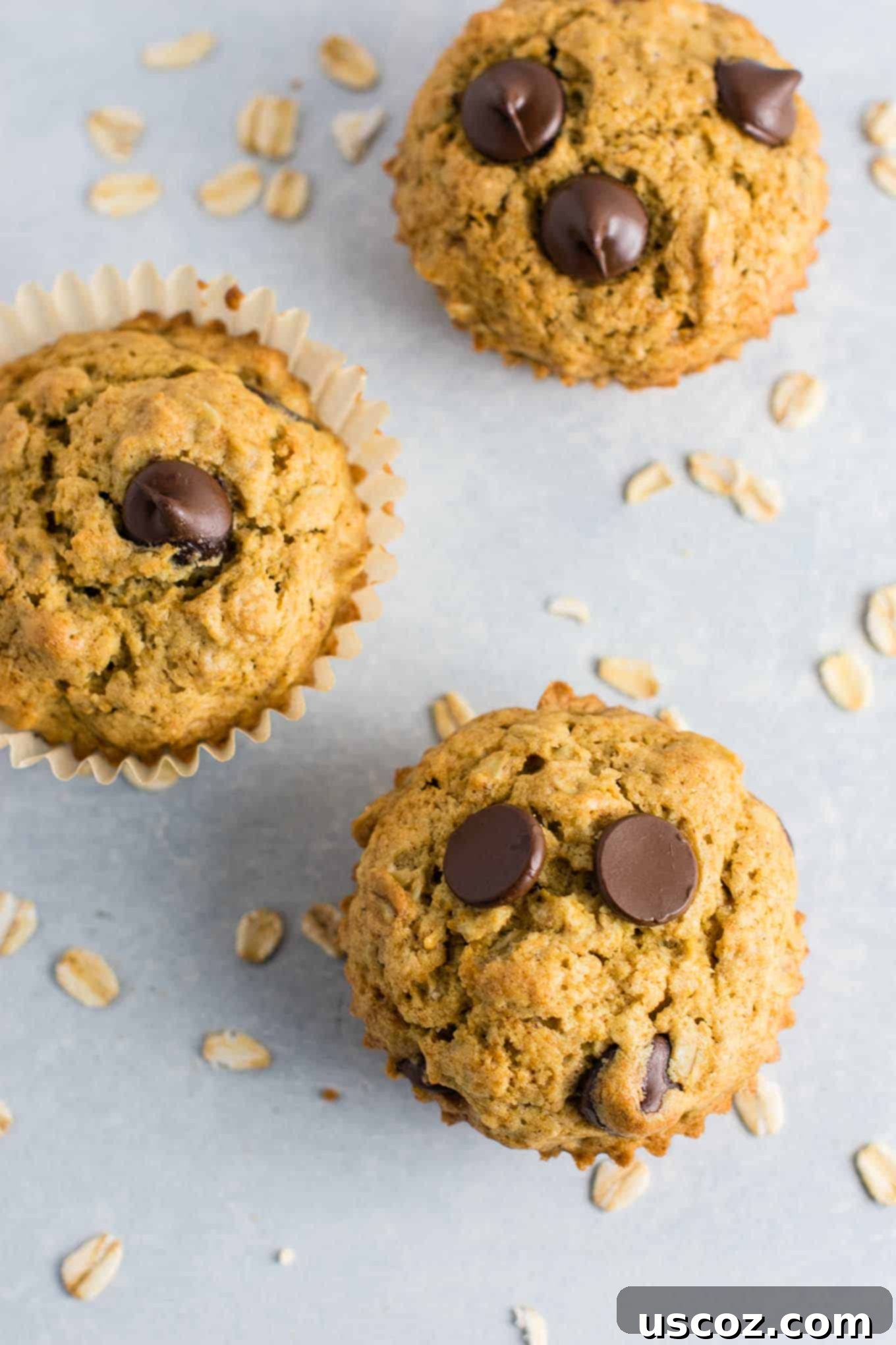 Chewy Oatmeal Chocolate Chip Cookie Muffins 4 Oatmeal chocolate chip cookie muffins - breakfast that tastes like dessert! #chocolatechipmuffins #healthy #breakfast #wholewheat #oatmealchocolatechip