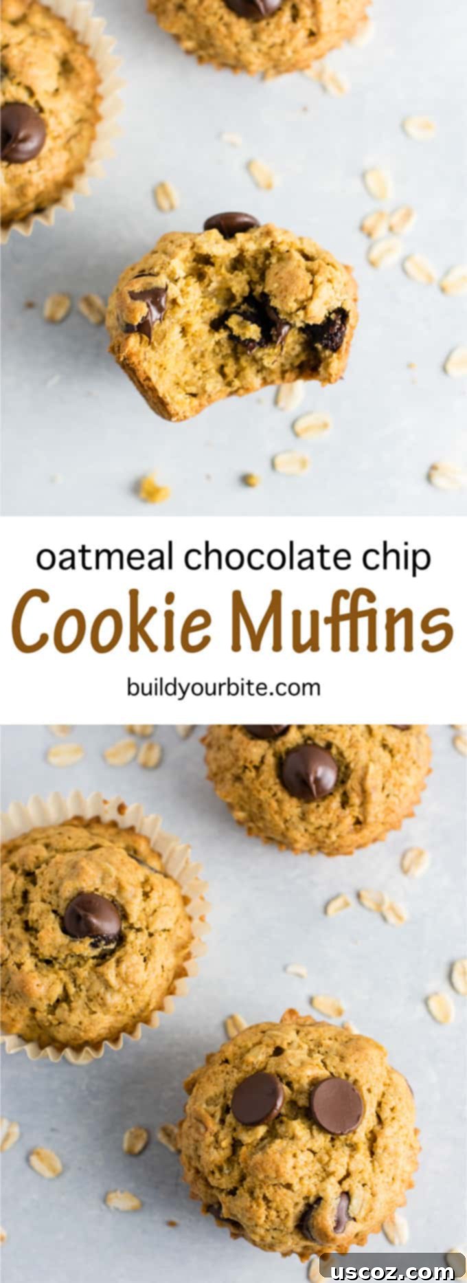 Chewy Oatmeal Chocolate Chip Cookie Muffins 10 Oatmeal chocolate chip cookie muffins - breakfast that tastes like dessert! #chocolatechipmuffins #healthy #breakfast #wholewheat #oatmealchocolatechip