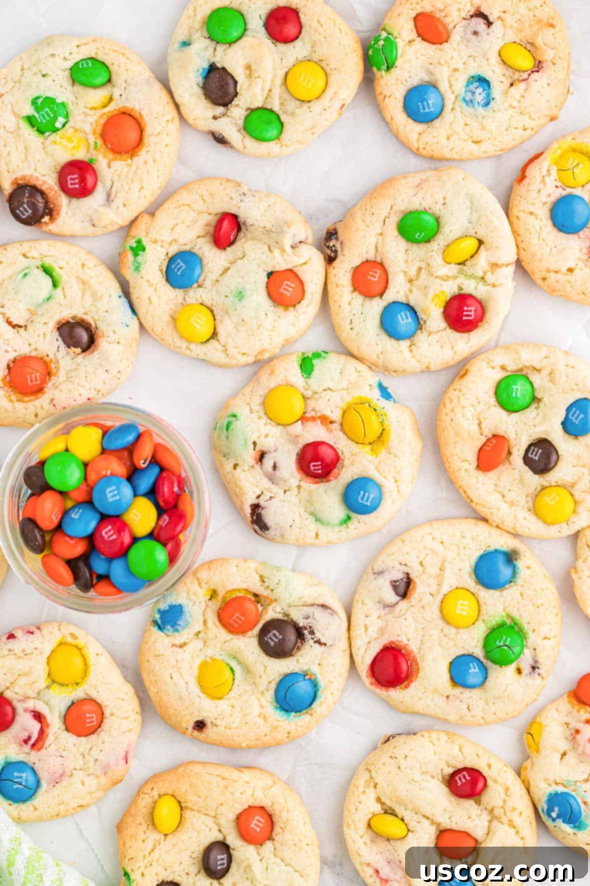 Fluffy White Cake Mix Cookies 14 A beautiful array of cake mix M&M's cookies, showcasing their colorful appeal.