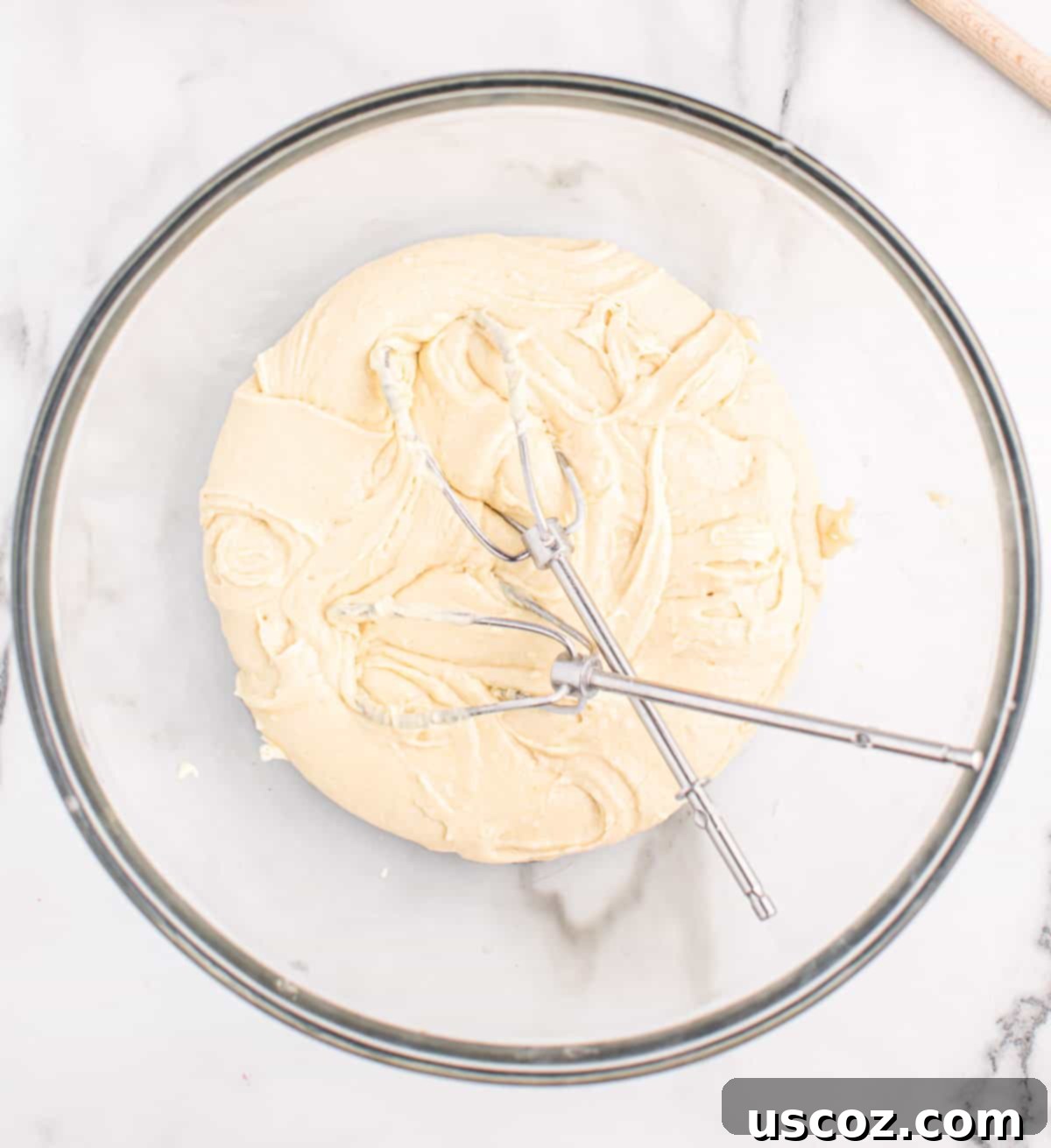 Fluffy White Cake Mix Cookies 5 Smooth white cake mix batter mixed together in a bowl, ready for additions.