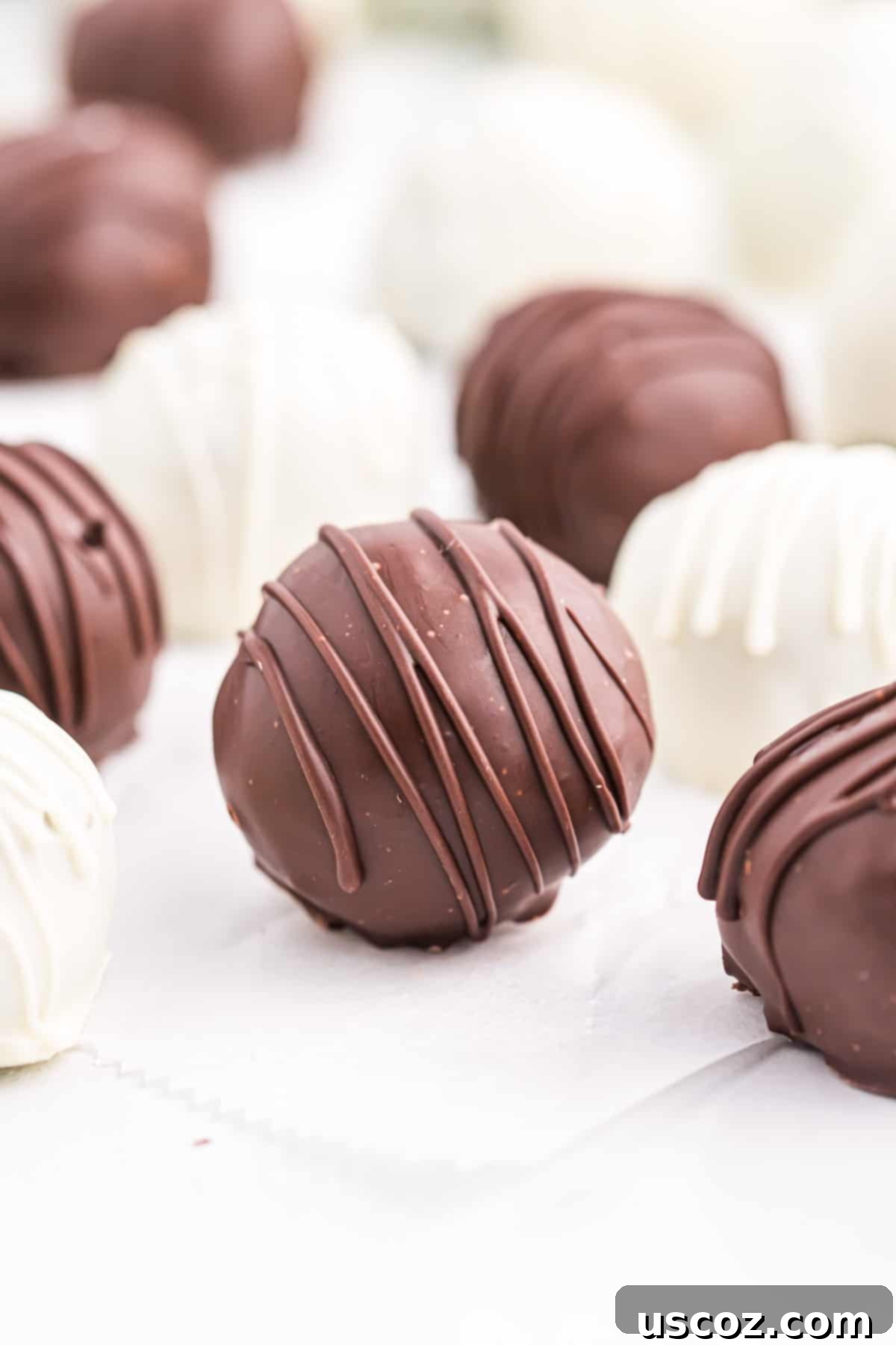 Minty Oreo Truffle Bites 4 a single mint oreo truffle on a white background