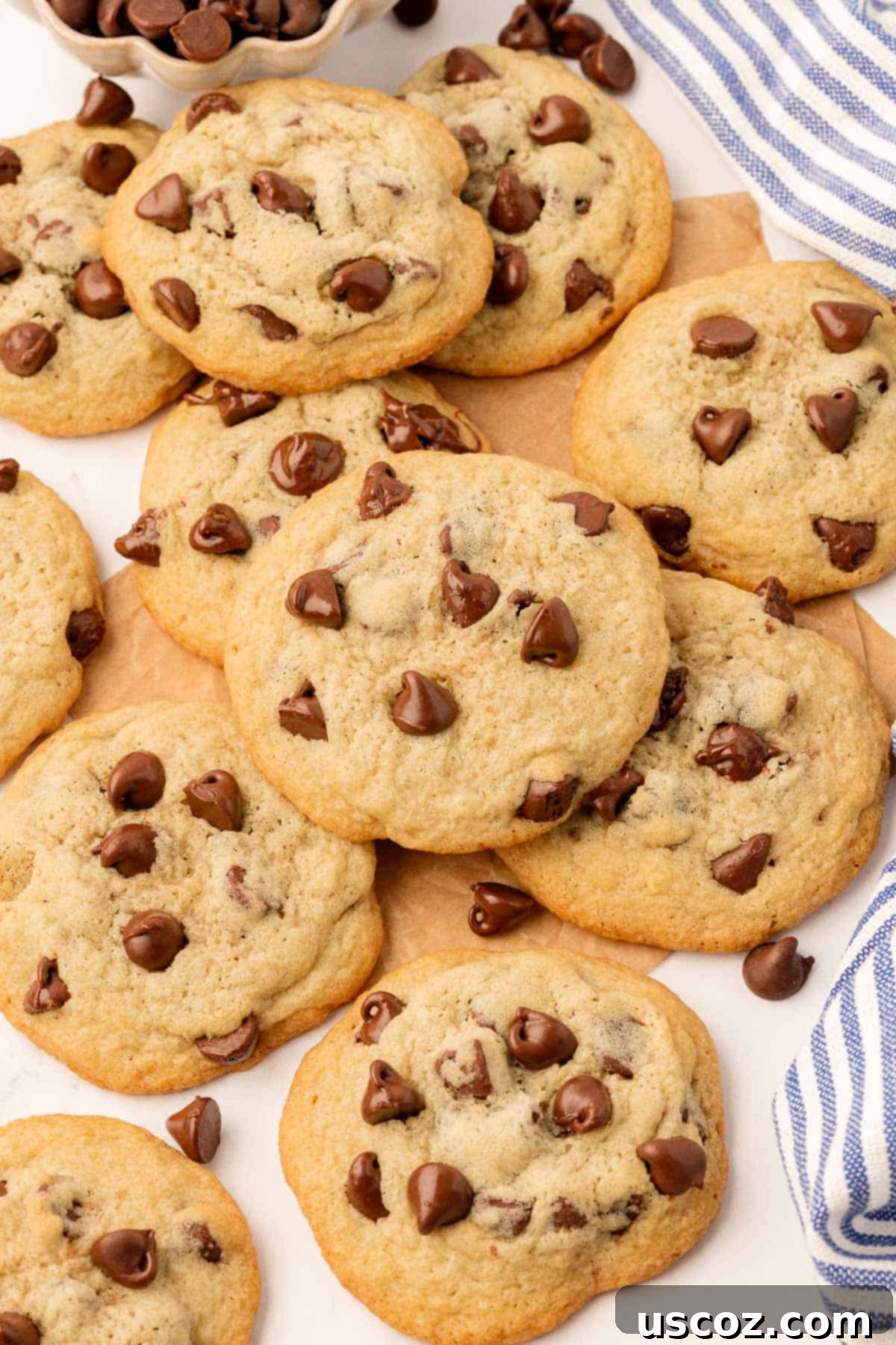 Golden Crisp Chocolate Chip Cookies 21 chocolate chip cookies without brown sugar on a wooden board