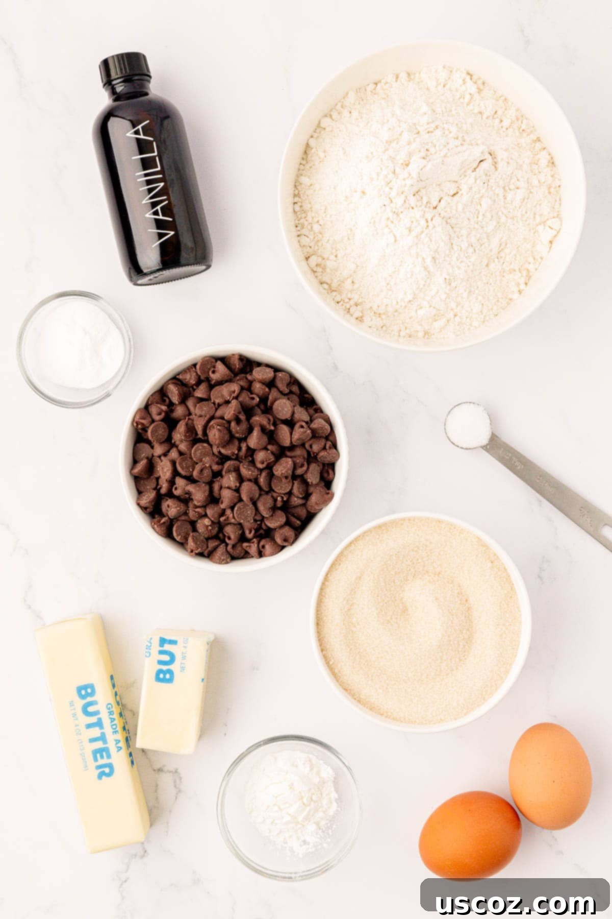 Golden Crisp Chocolate Chip Cookies 4 ingredients needed to make chocolate chip cookies without brown sugar laid out