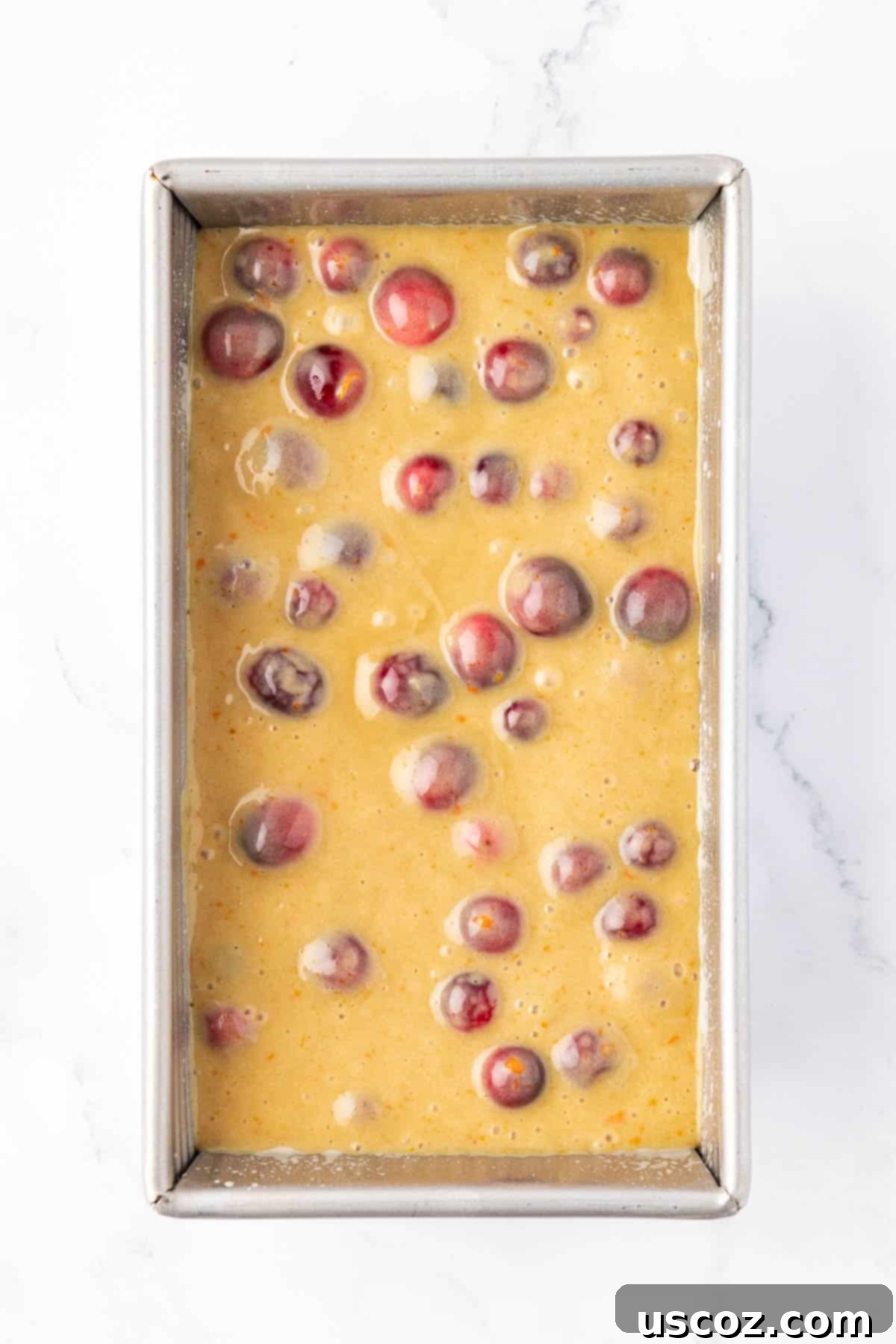 Festive Cranberry Eggnog Bread 13 cranberry eggnog bread batter in a loaf dish