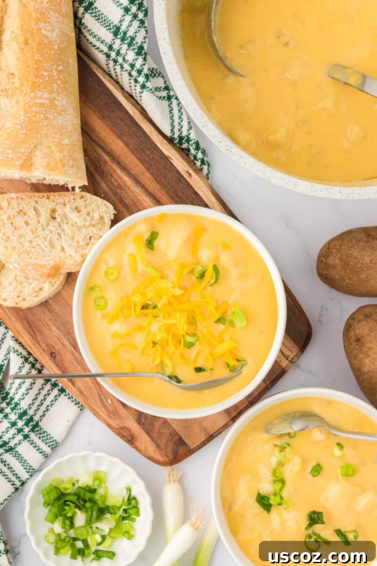 Hearty Potato Comfort 18 A comforting bowl of potato soup garnished with vibrant green onions and sharp cheddar cheese, ready for a satisfying meal.