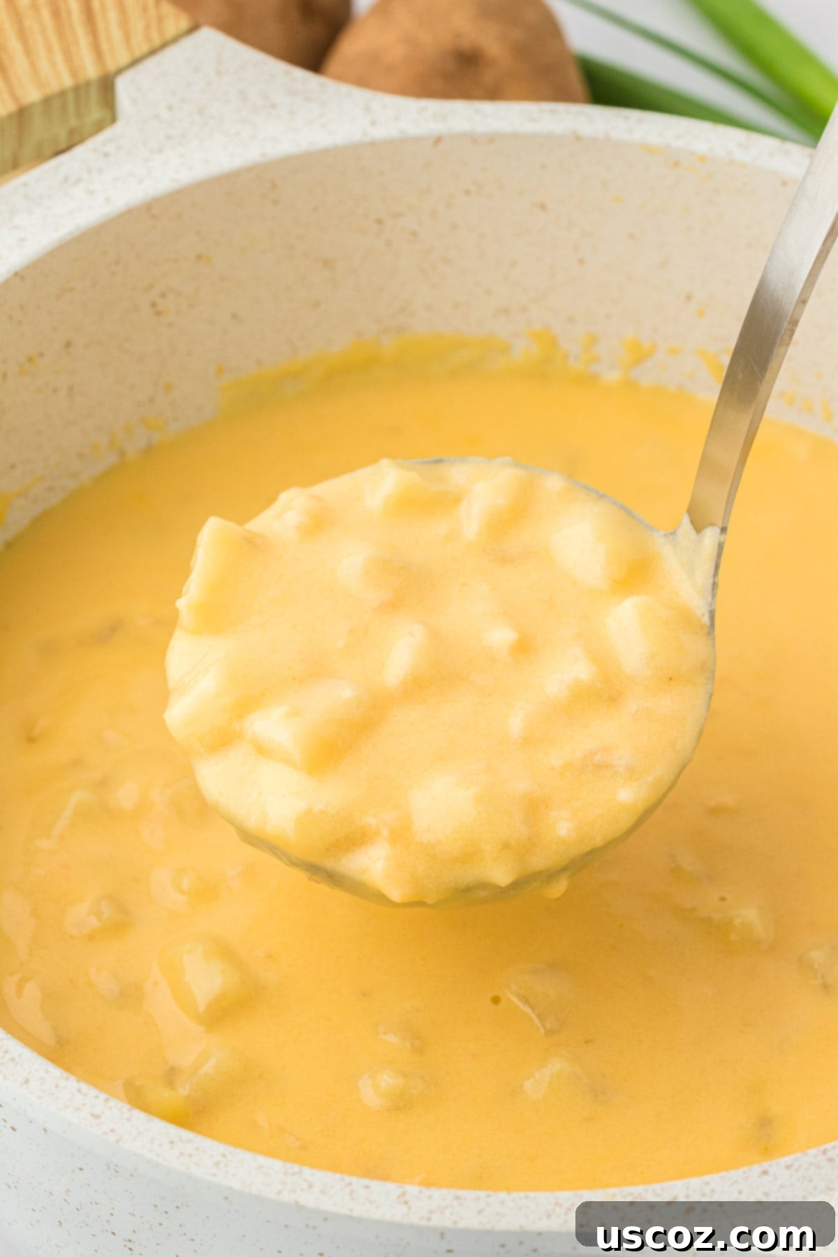 Hearty Potato Comfort 3 A ladle scooping a generous portion of thick, creamy potato soup from a large pot, highlighting its rich texture.