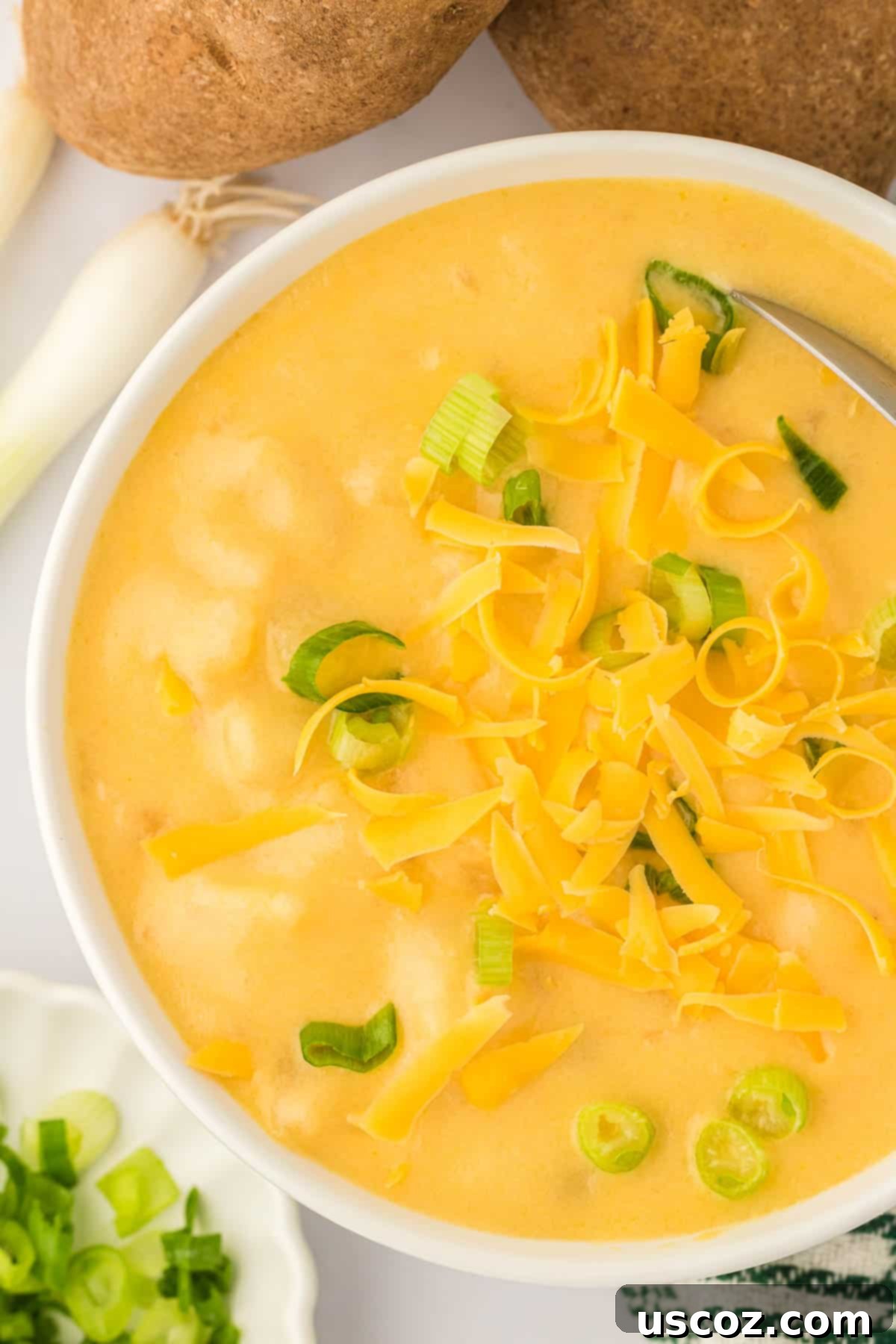 Hearty Potato Comfort 21 A large serving bowl filled with creamy potato soup, ready to be dished out, featuring a generous topping of green onions and cheese.