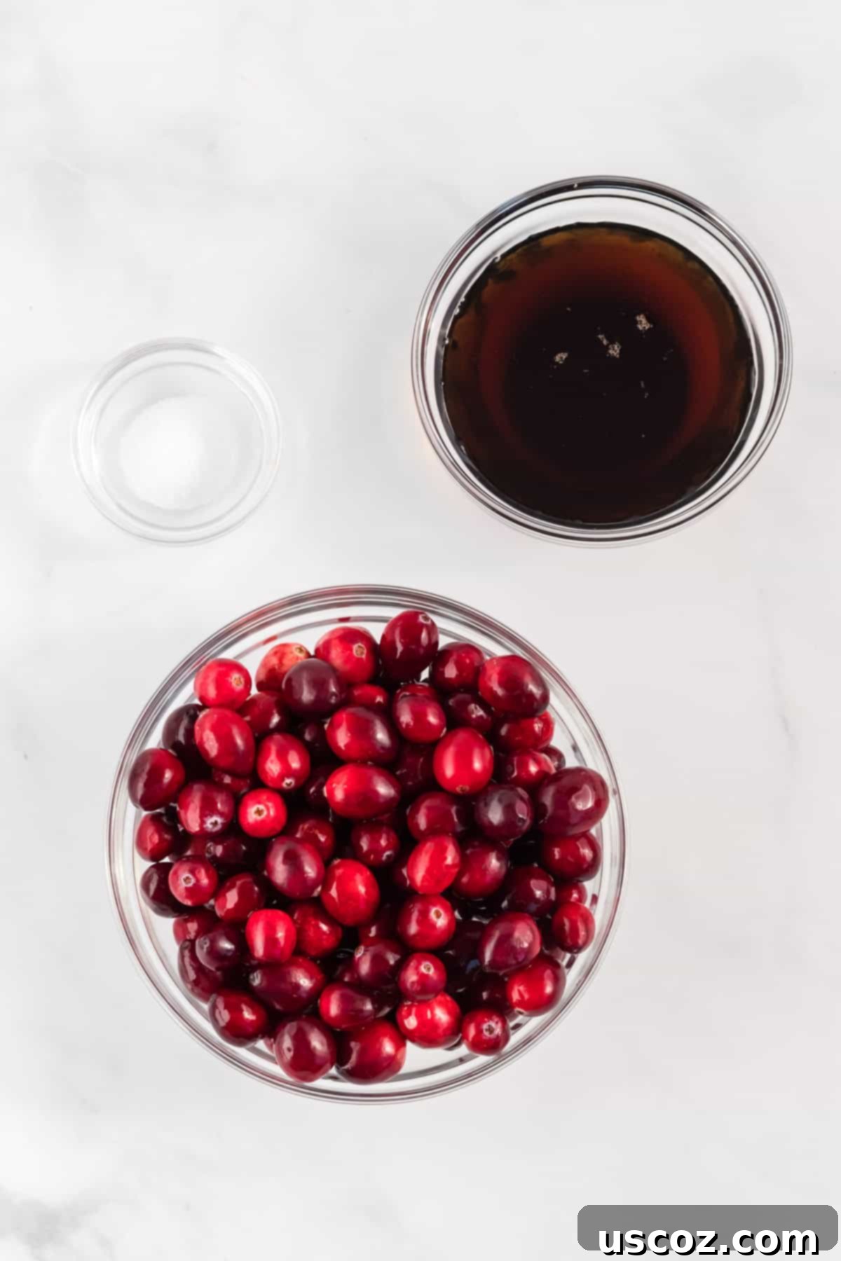 Perfect Homemade Cranberry Sauce 3 Fresh cranberries, a bowl of salt, and a bottle of pure maple syrup, the three simple ingredients for homemade cranberry sauce