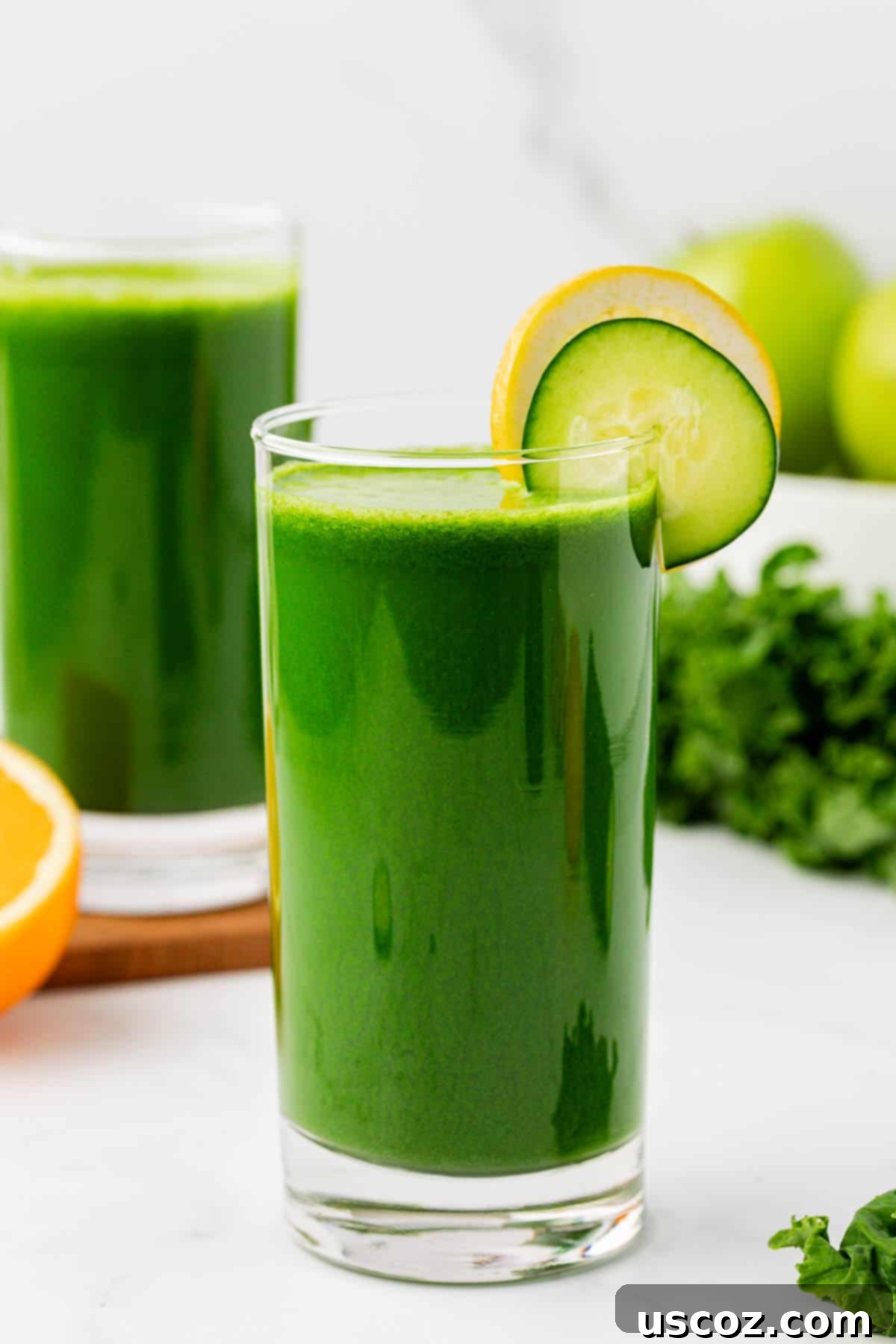 Emerald Elixir 9 A glass of fresh kale juice garnished with a lemon slice and a thin cucumber ribbon on the rim.