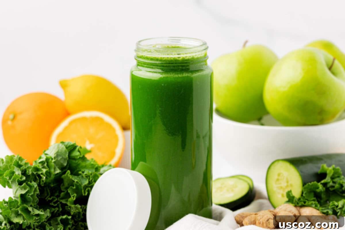 Emerald Elixir 10 A glass jar filled with green kale juice, topped with an airtight lid, perfect for refrigeration.