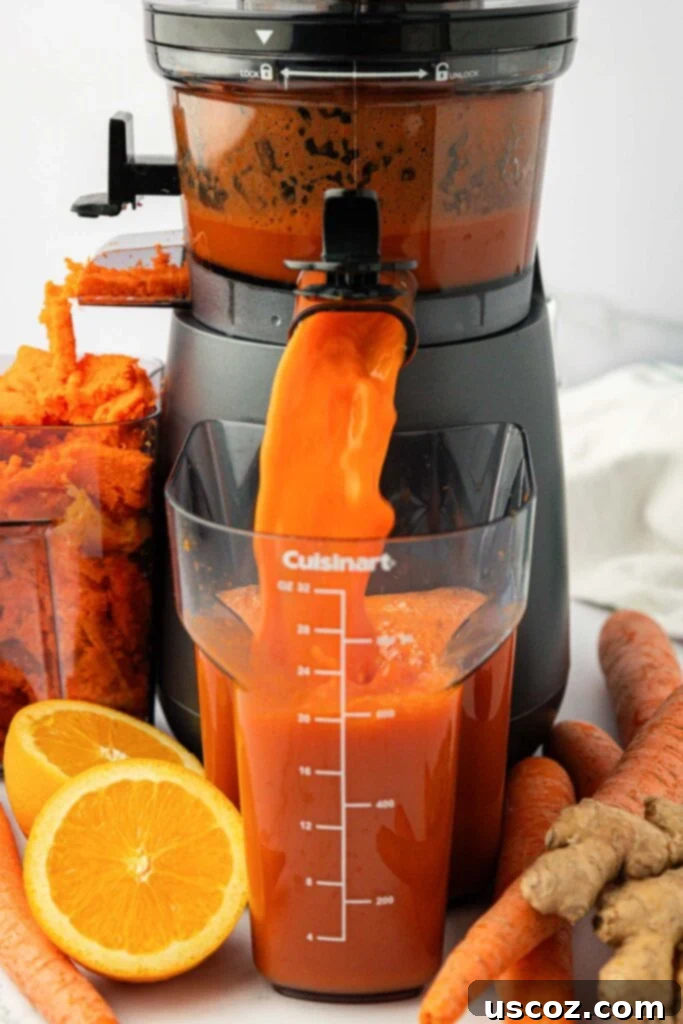 Vibrant Carrot Elixir 5 carrot juice pouring out of a juicer