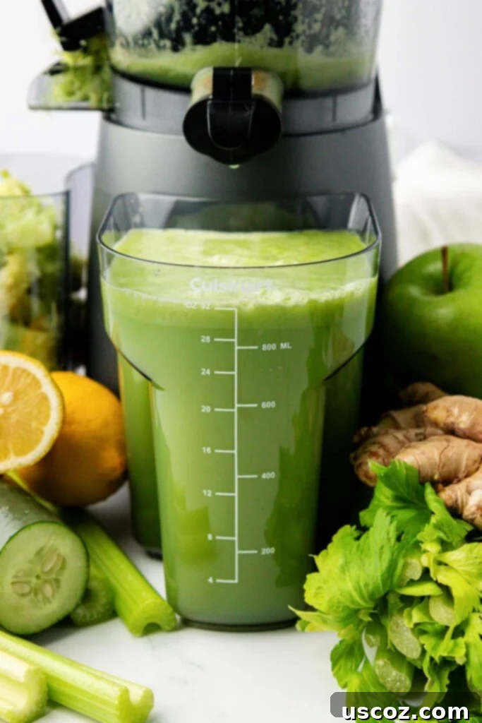 Celery Juice 6 A glass of celery juice next to a juicer and fresh celery stalks