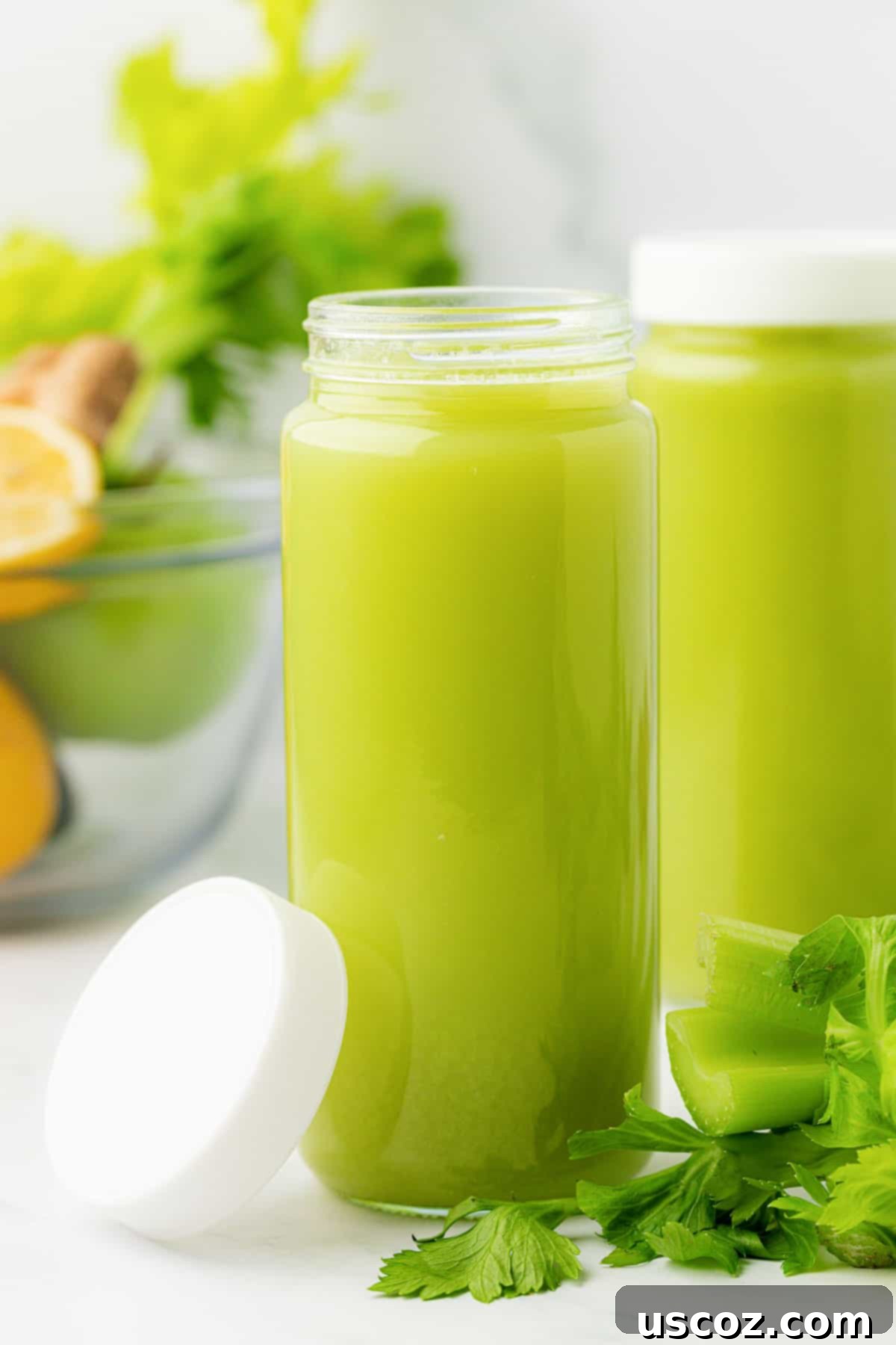 Celery Juice 10 Celery juice stored in a glass jar with a lid
