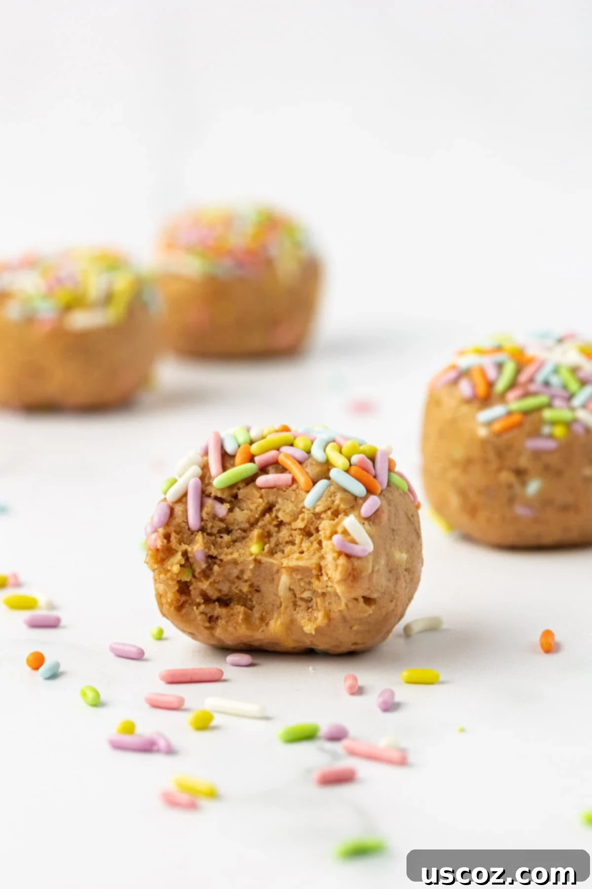 Funfetti Protein Bites 10 A close-up of a single Birthday Cake Protein Ball on a light background, highlighting its sprinkles.