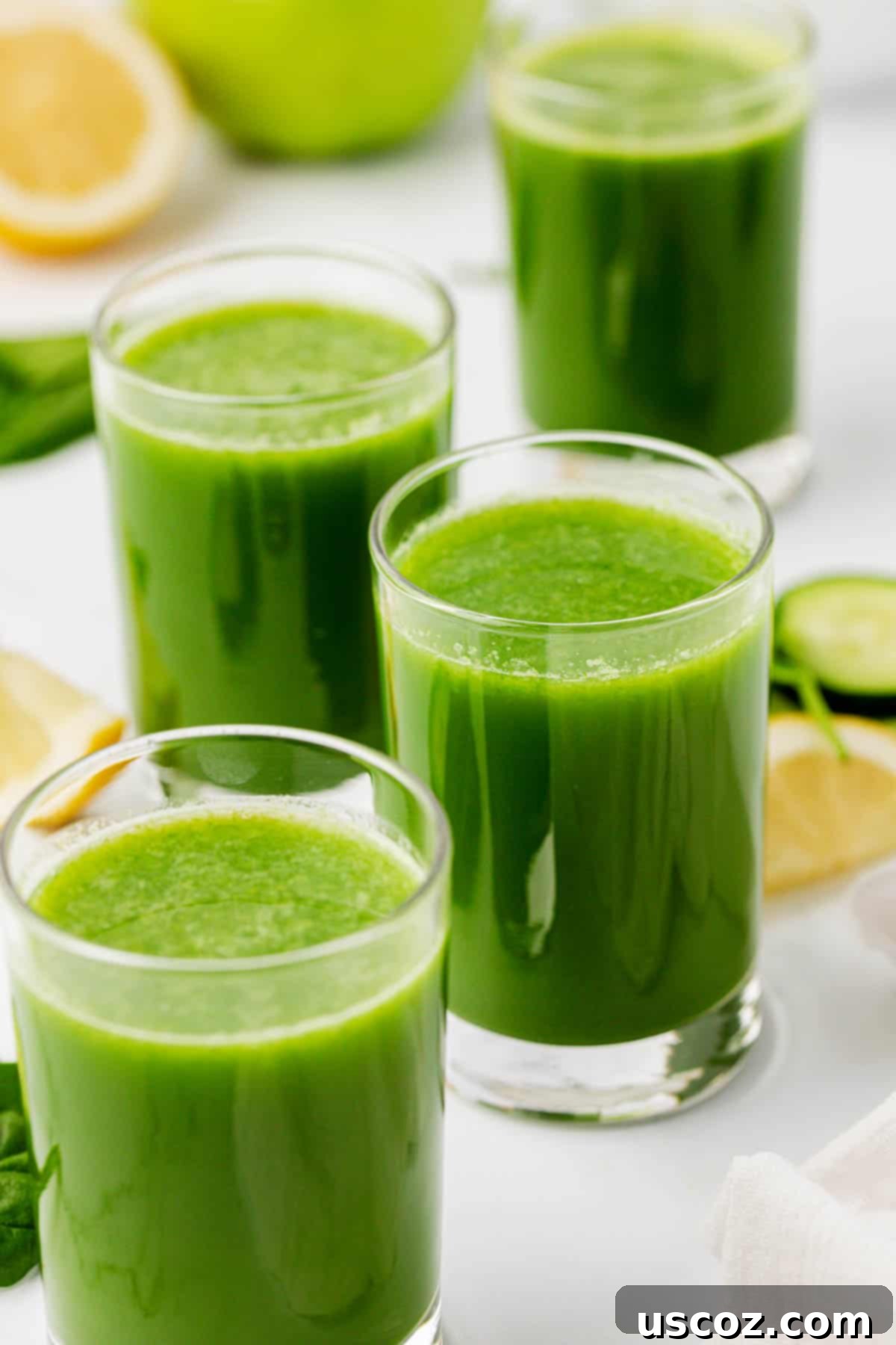 Vibrant Green Elixir 11 Close-up of spinach juice in a glass, highlighting its fresh green color