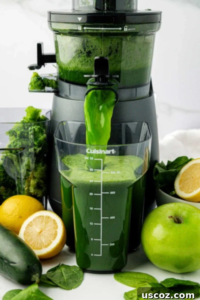 Vibrant Green Elixir 5 Freshly extracted spinach juice pouring out of a juicer spout