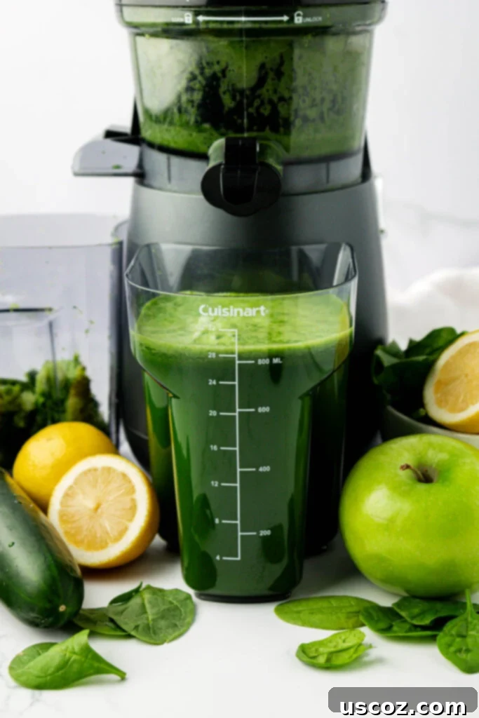 Vibrant Green Elixir 6 A container holding a fresh batch of green spinach juice, ready to be poured