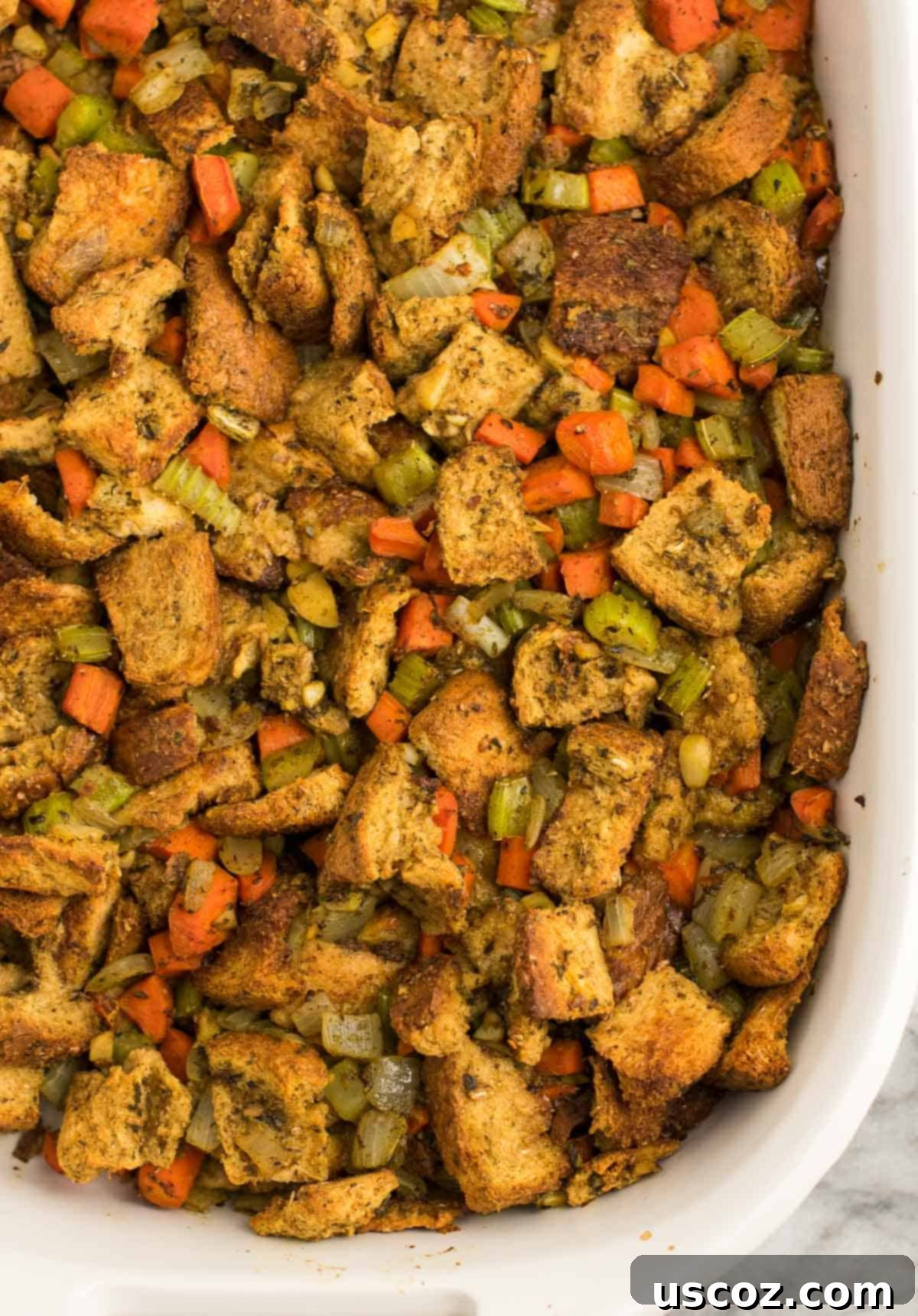 Close-up of the best vegan stuffing recipe