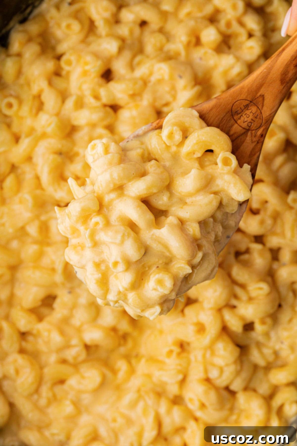 Creamy Slow Cooker Mac and Cheese 2 A wooden spoon scooping ultra-cheesy mac and cheese from a hot crock pot, steam rising