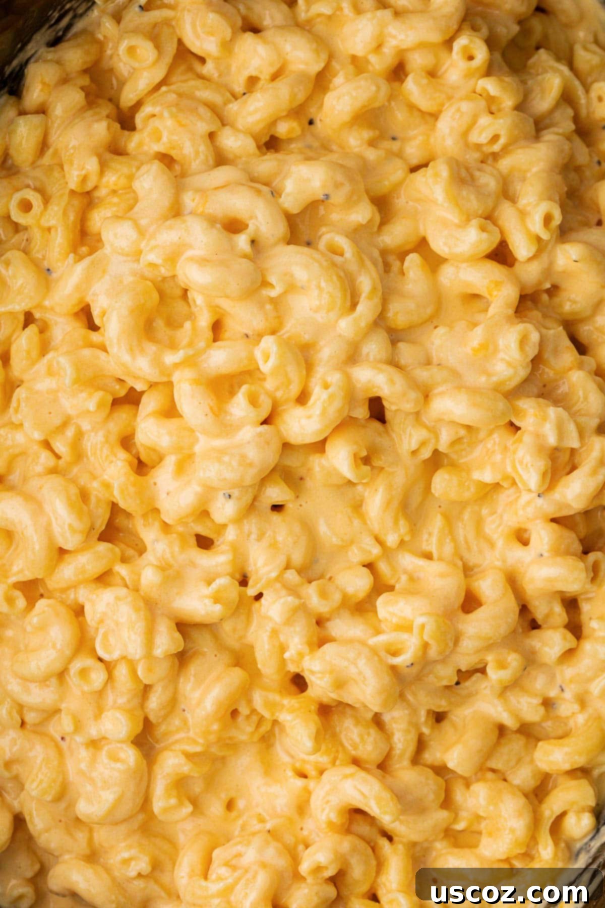 Creamy Slow Cooker Mac and Cheese 3 Close-up of rich, creamy mac and cheese in a slow cooker, steam gently rising