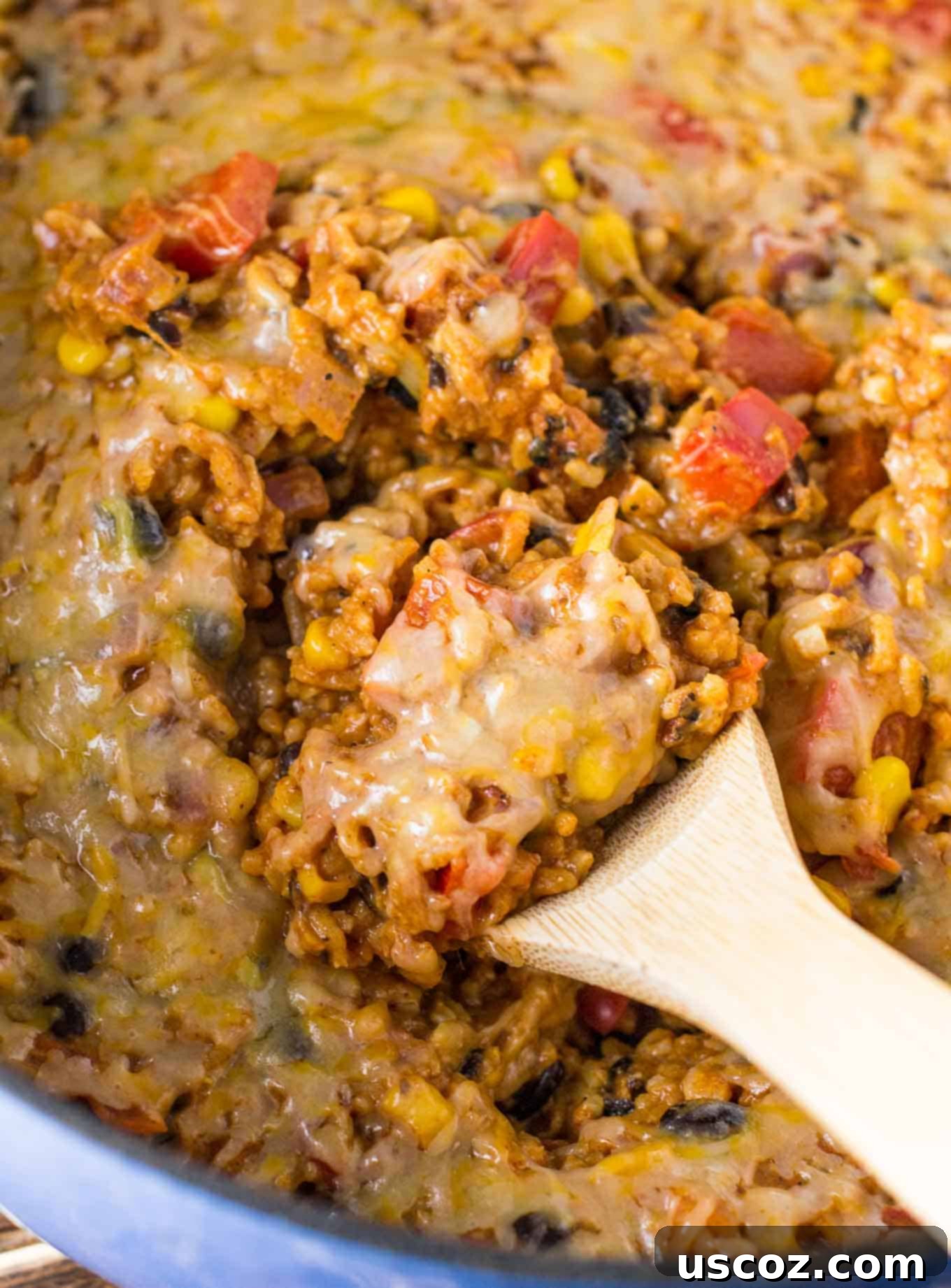 Hearty Vegetarian Mexican Bake 4 Close up of vegetarian Mexican rice casserole in a dish