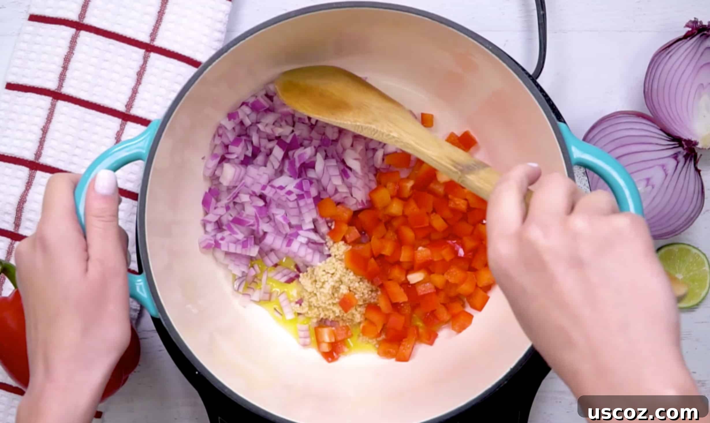 Hearty Vegetarian Mexican Bake 9 Chopped vegetables cooking in a pan for easy mexican rice casserole