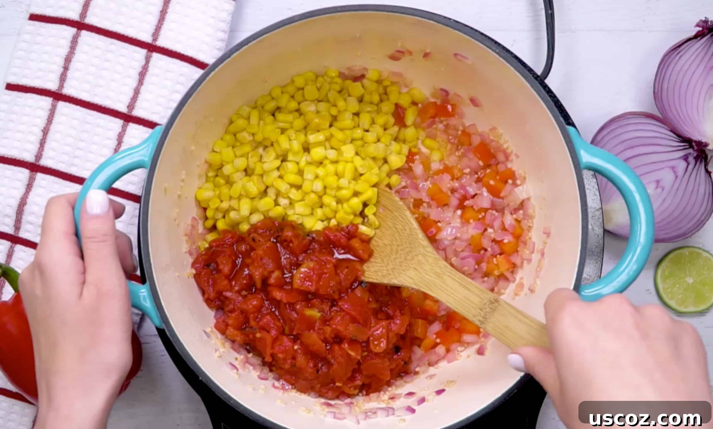 Hearty Vegetarian Mexican Bake 10 Fire roasted tomatoes and corn added to the skillet