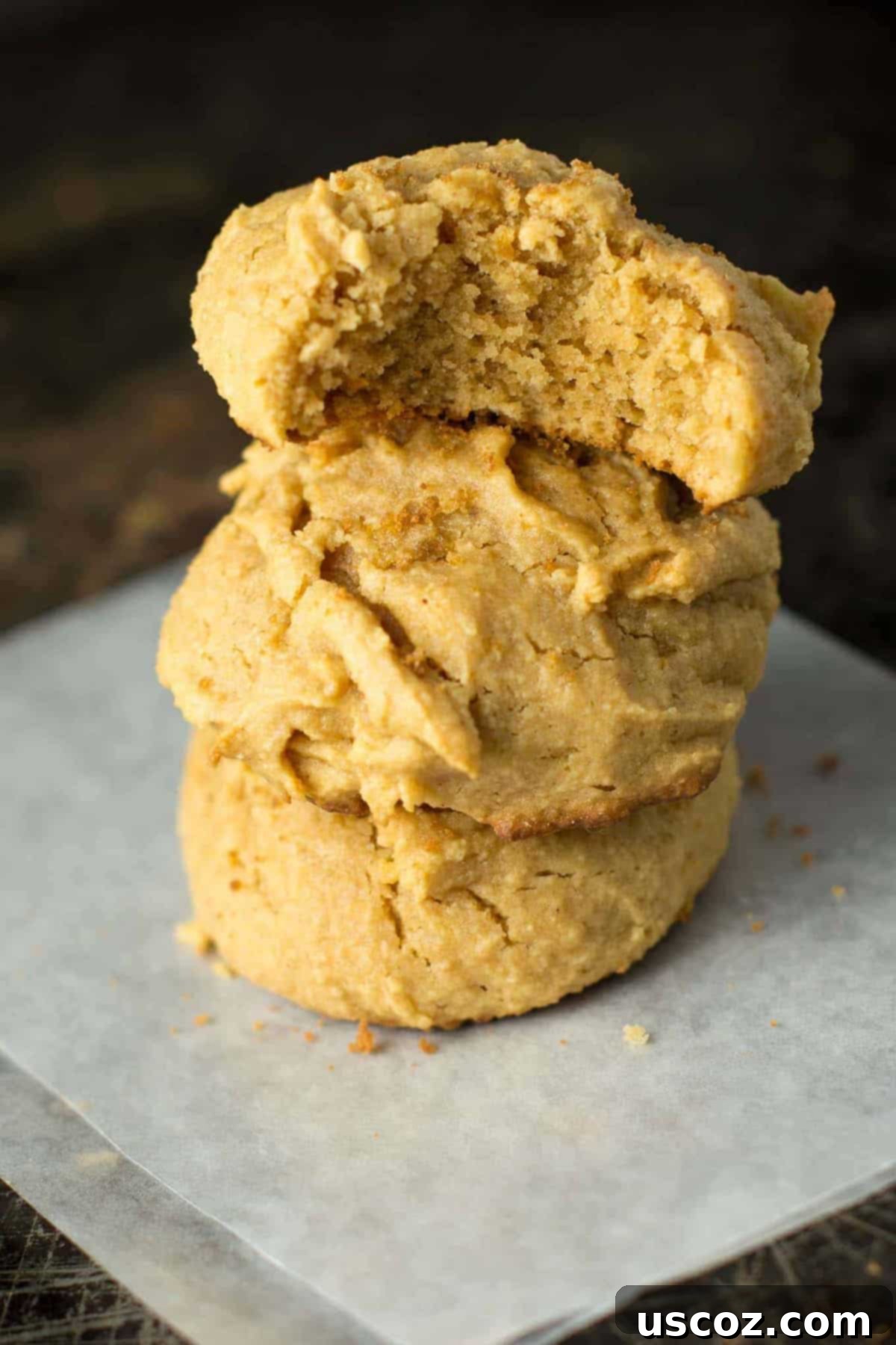 Close-up of fluffy gluten-free peanut butter cookies stacked on a white plate, showcasing their soft texture.
