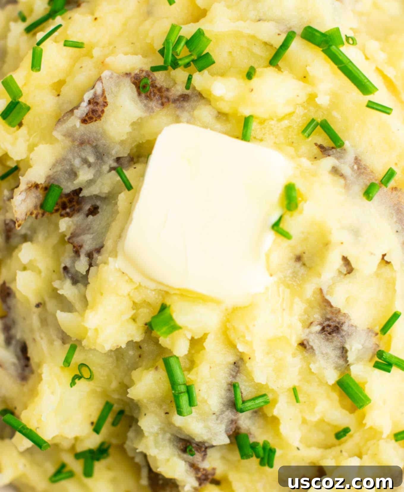 Creamy Vegan Mashed Potatoes 3 Close-up shot of fluffy mashed potatoes with a pat of vegan butter melting on top, garnished with herbs.